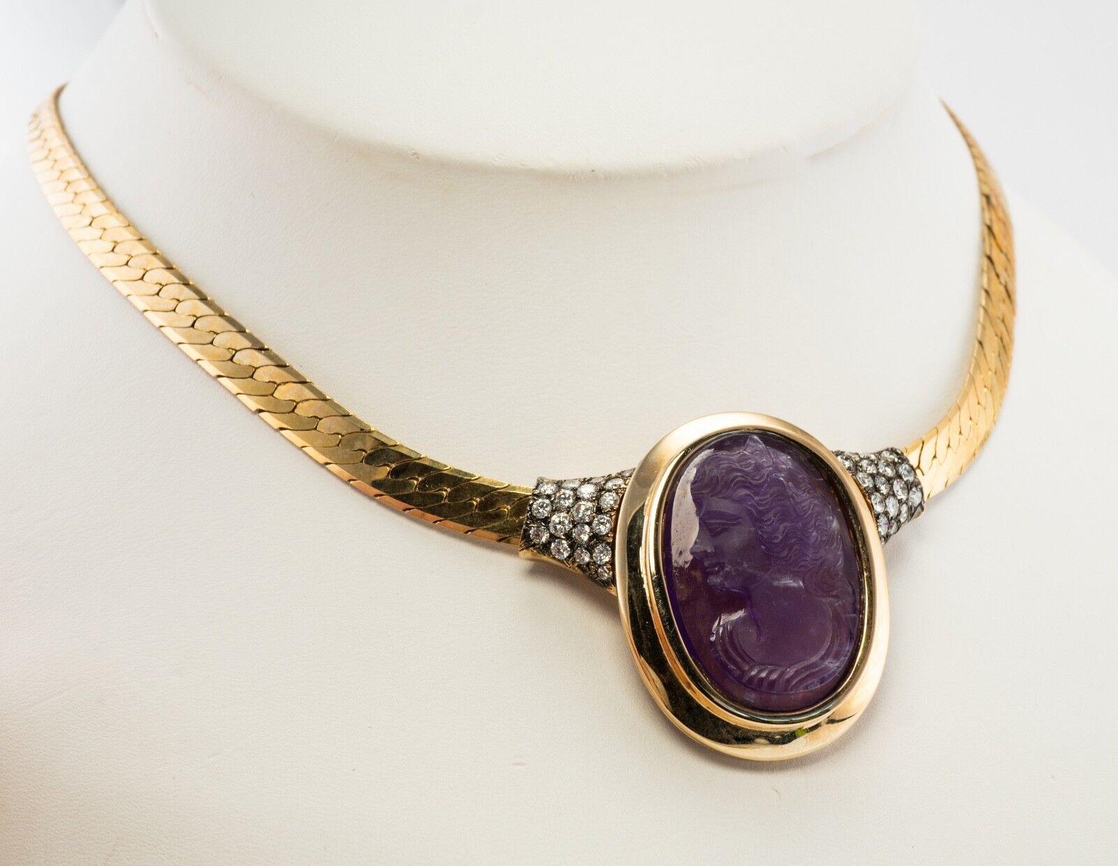 Amethyst Necklace Diamond Cameo Choker 14K Gold

The center Genuine Earth mined Amethyst Cameo measures 1 1/8 in x 6/8 in. The cameo is very well carved, the profile is high. The entire pendant/slide measures 1 5/16 in x 1 in x 7/16 in. PLUS: There
