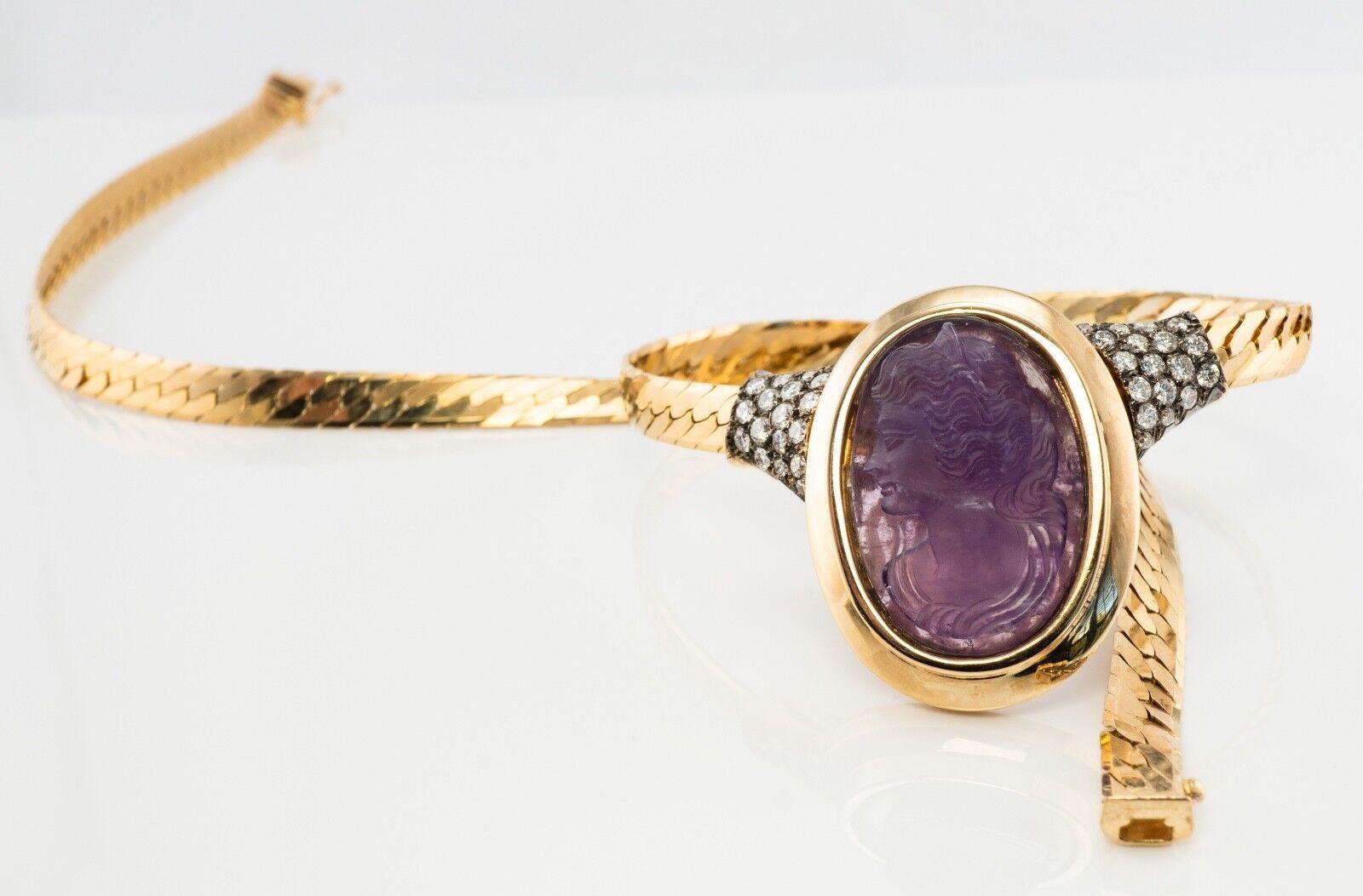 Amethyst Necklace Diamond Cameo Choker 14K Gold In Good Condition For Sale In East Brunswick, NJ