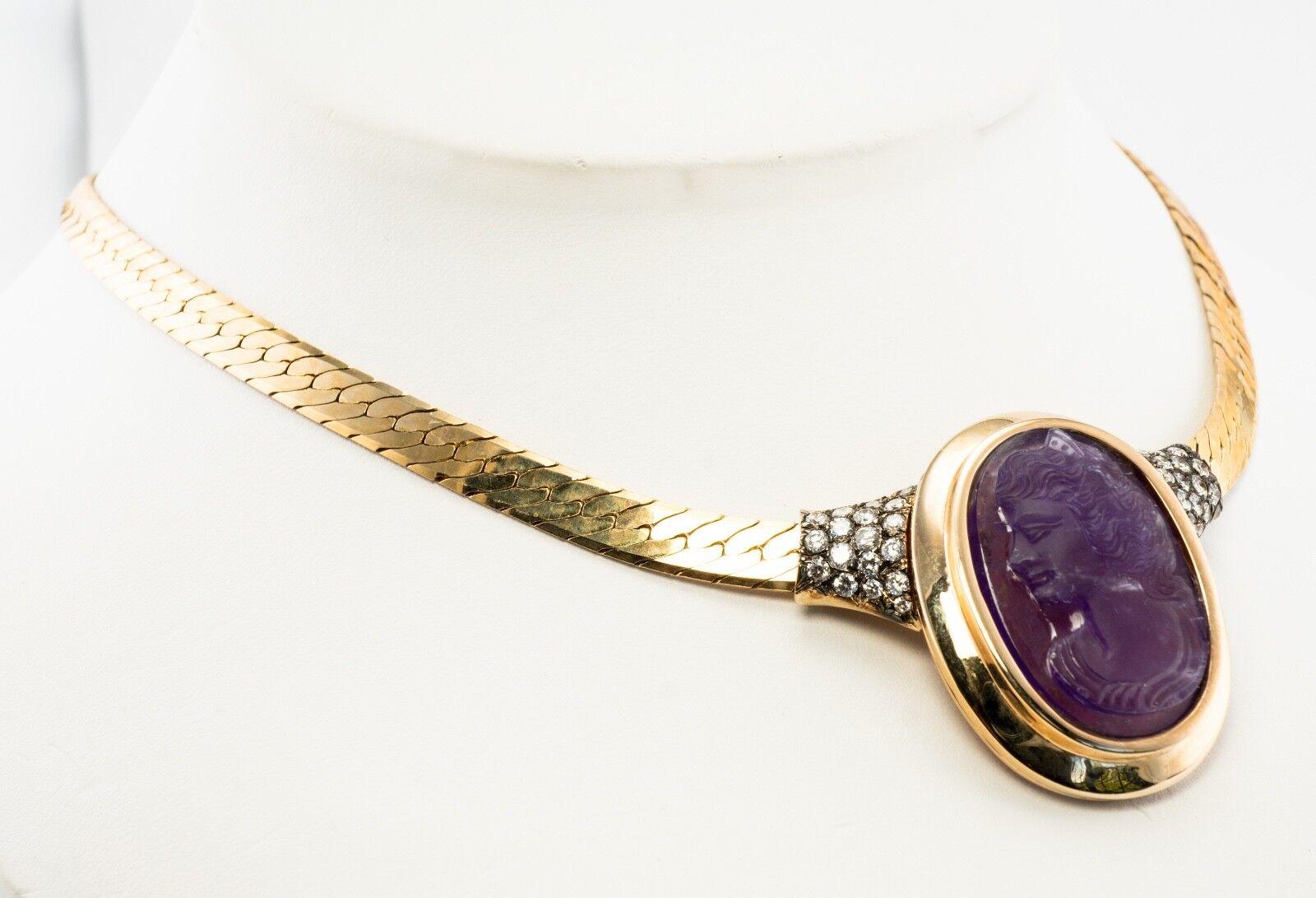 Women's Amethyst Necklace Diamond Cameo Choker 14K Gold For Sale