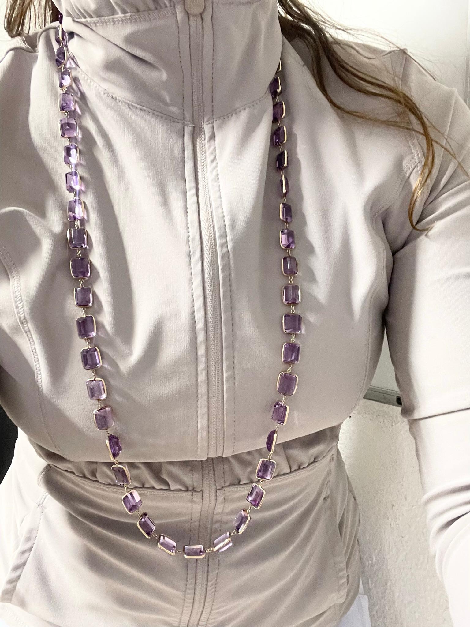 Rare yard necklace made with 300 carats of amethyst gemstones. The necklace is made in 14KT yellow gold and can be worn mutliple ways.

CENTER STONE: NATURAL AMETHYST(S)
CARAT: 300.00 carats
CLARITY: Very Slightly Included
COLOR: Purple
CUT: