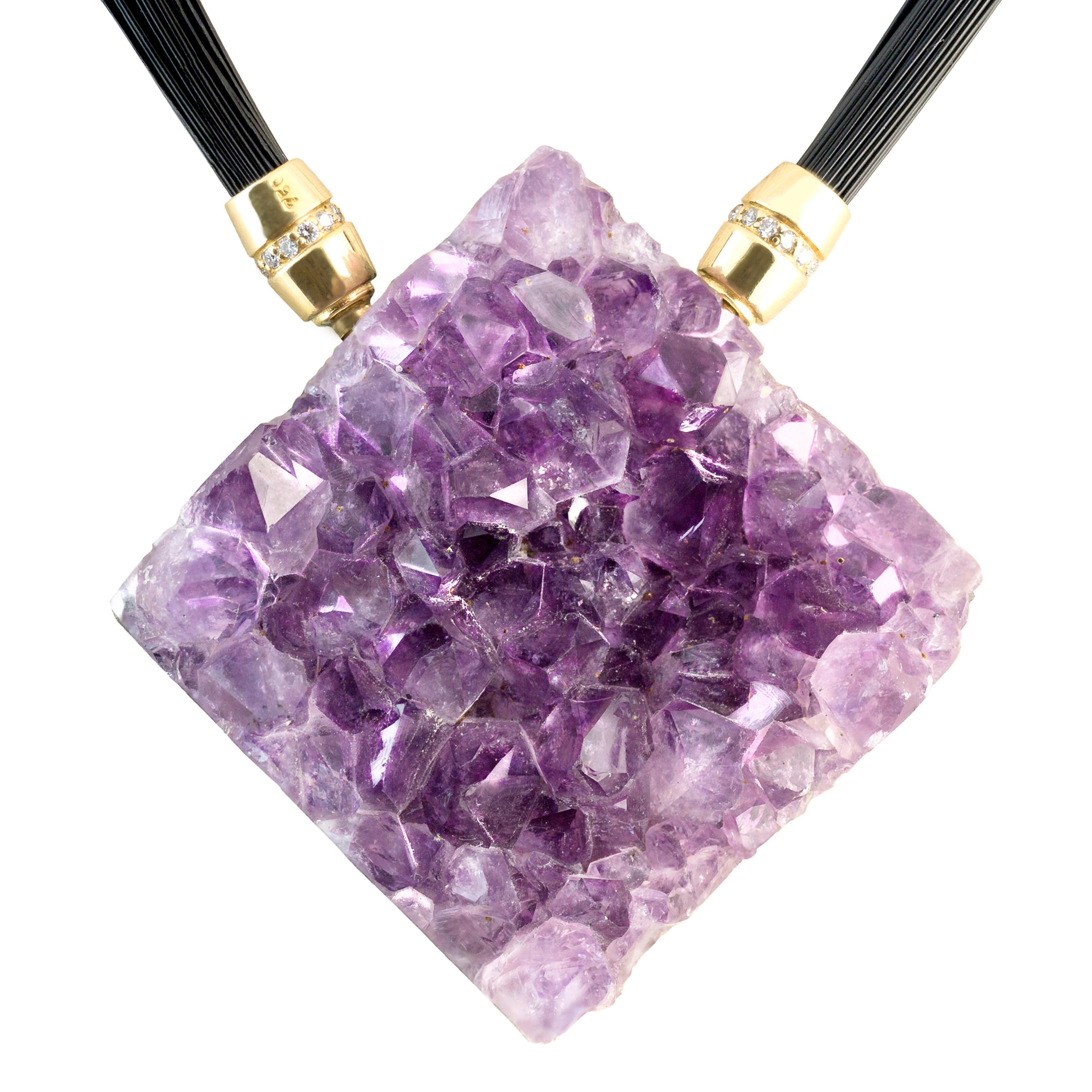 Round Cut Amethyst Necklace with Diamonds and 18 Karat Gold