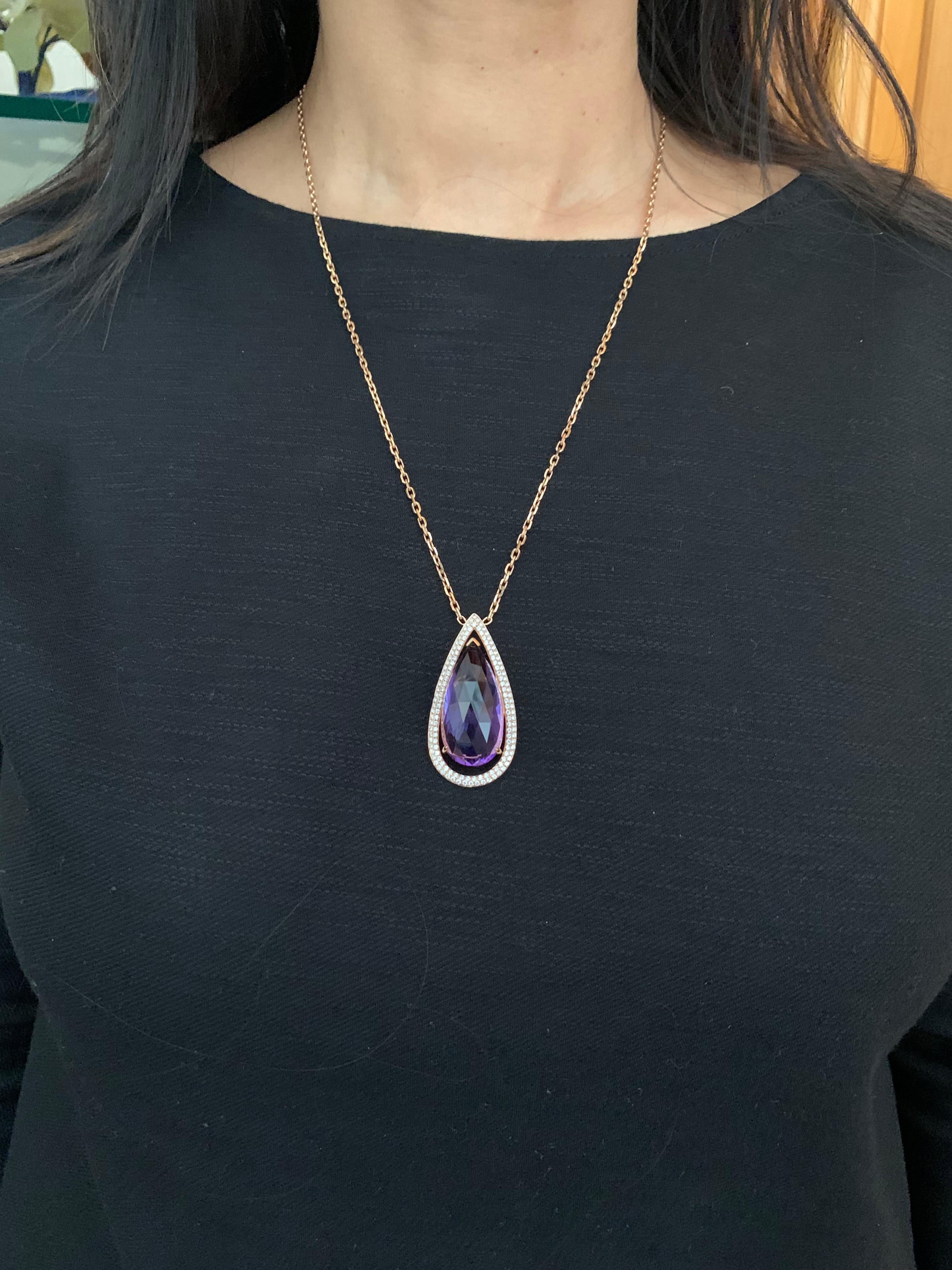 Gorgeous gemstones by Sunita Nahata... This collection features unique fancy cut color gemstones that are truly one of a kind and exclusive to Sunita Nahata Fine Design. This necklace features a stunning pear shaped Amethyst with a fancy cut.