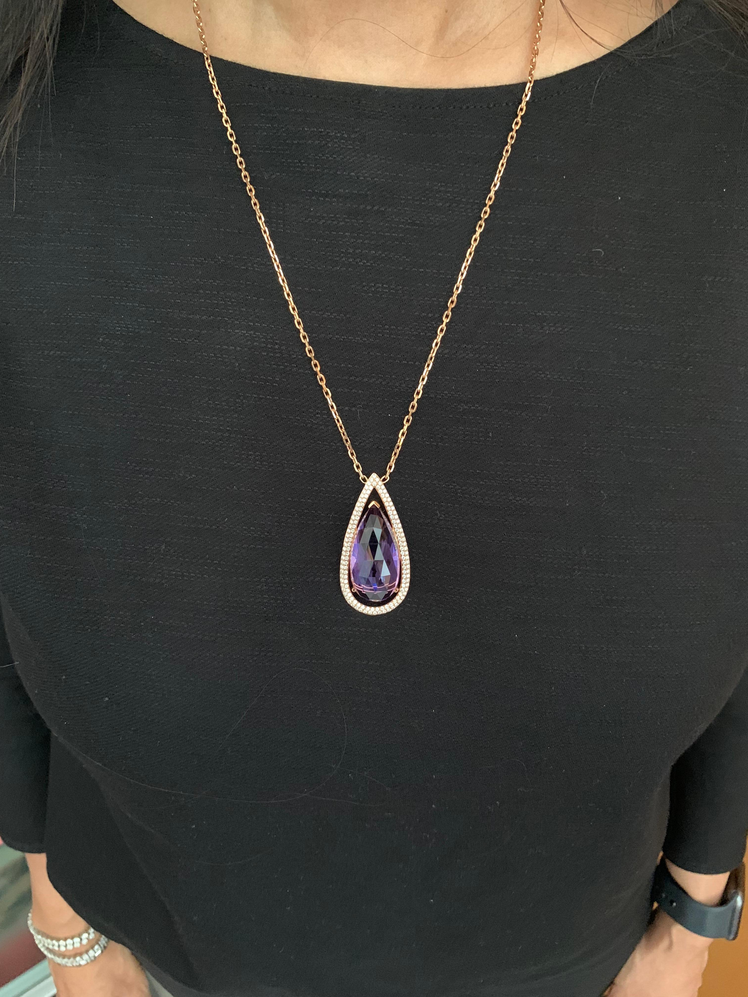Contemporary Amethyst Necklace with Diamond in 18 Karat Rose Gold For Sale