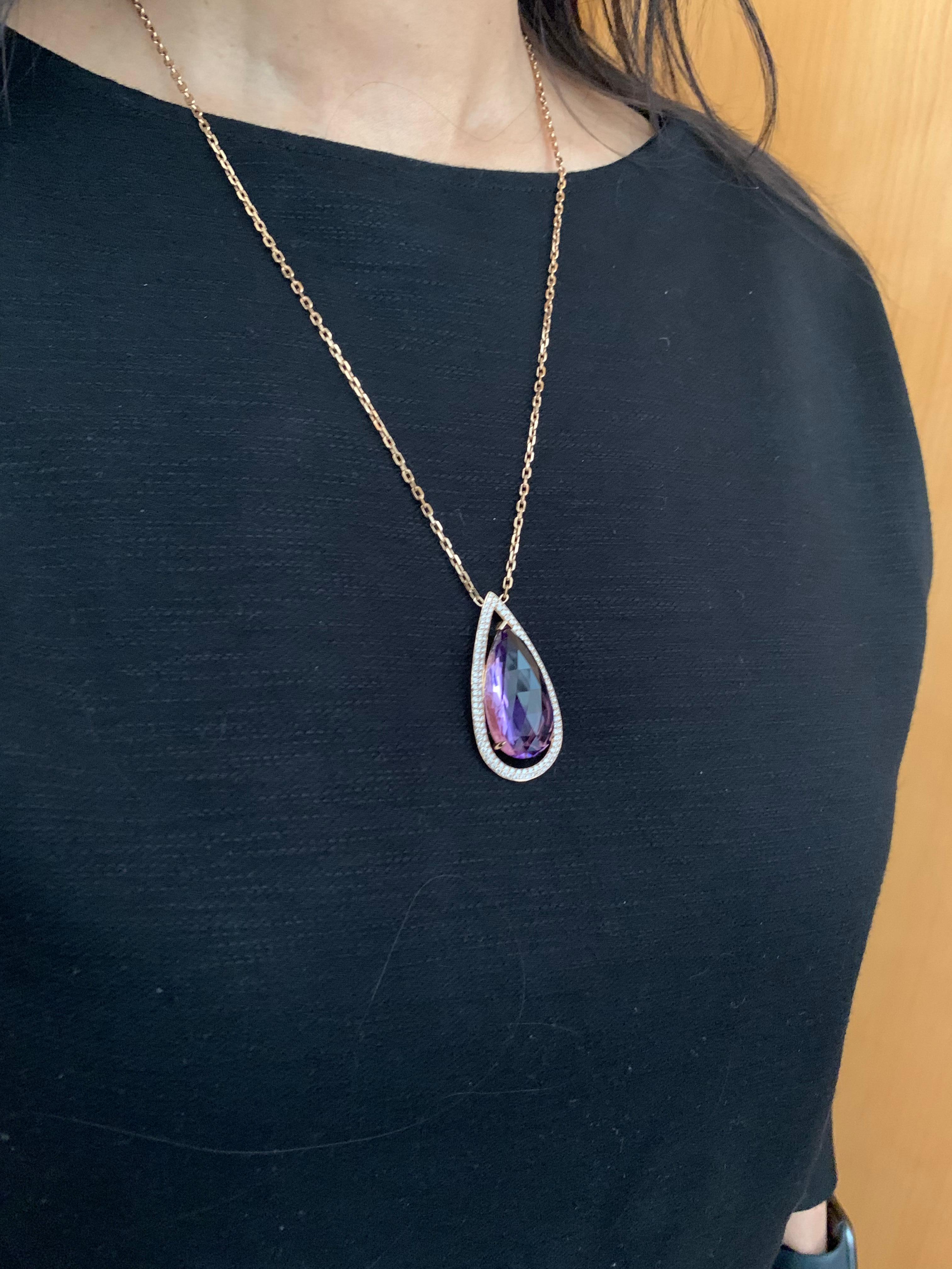 Pear Cut Amethyst Necklace with Diamond in 18 Karat Rose Gold For Sale