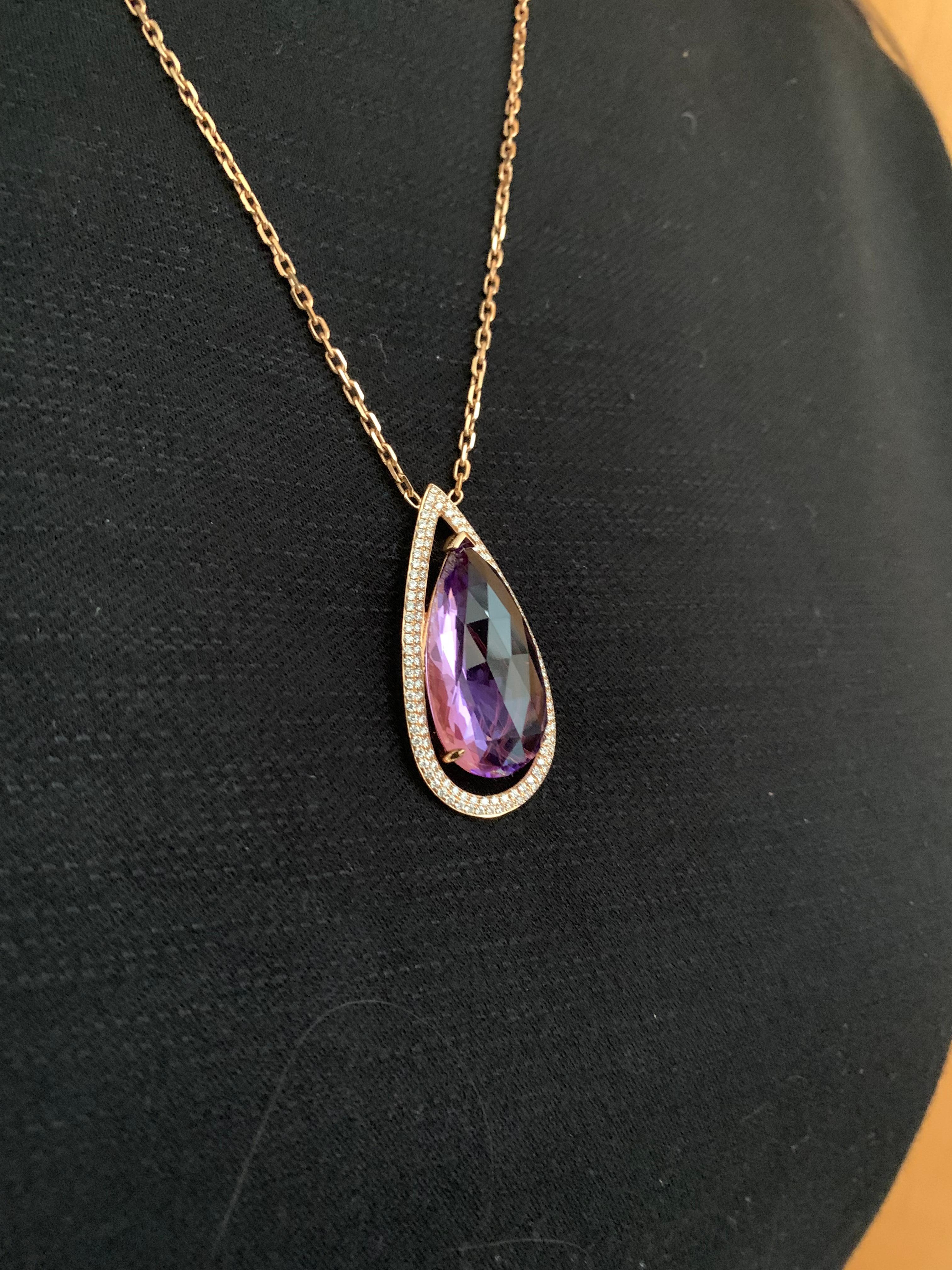Amethyst Necklace with Diamond in 18 Karat Rose Gold In New Condition For Sale In Hong Kong, HK