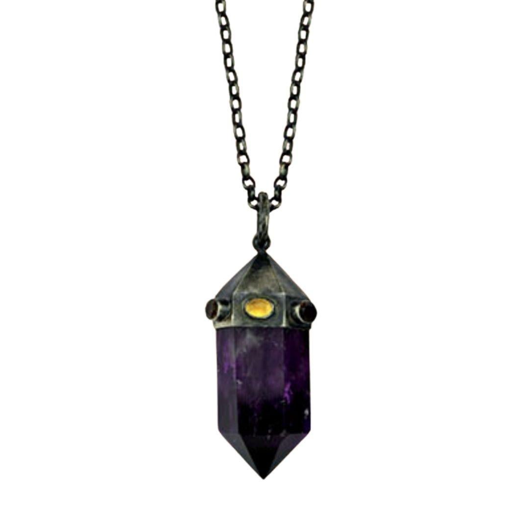 Mixed Cut Oxidised Silver Amethyst Prism Necklace with Quartz For Sale