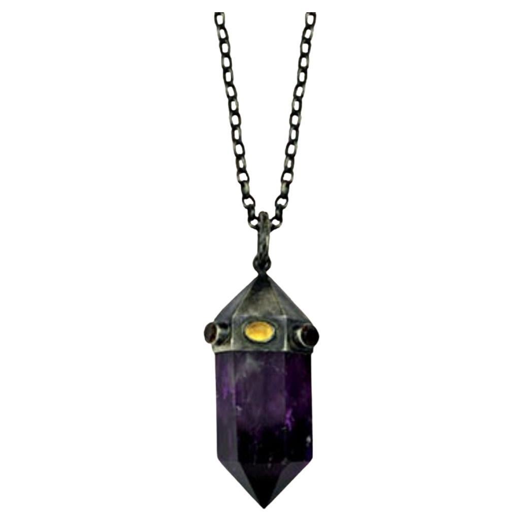Oxidised Silver Amethyst Prism Necklace with Quartz For Sale