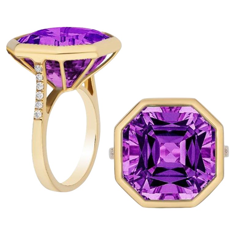 Bague octogonale en or jaune 18 carats avec améthyste et diamants