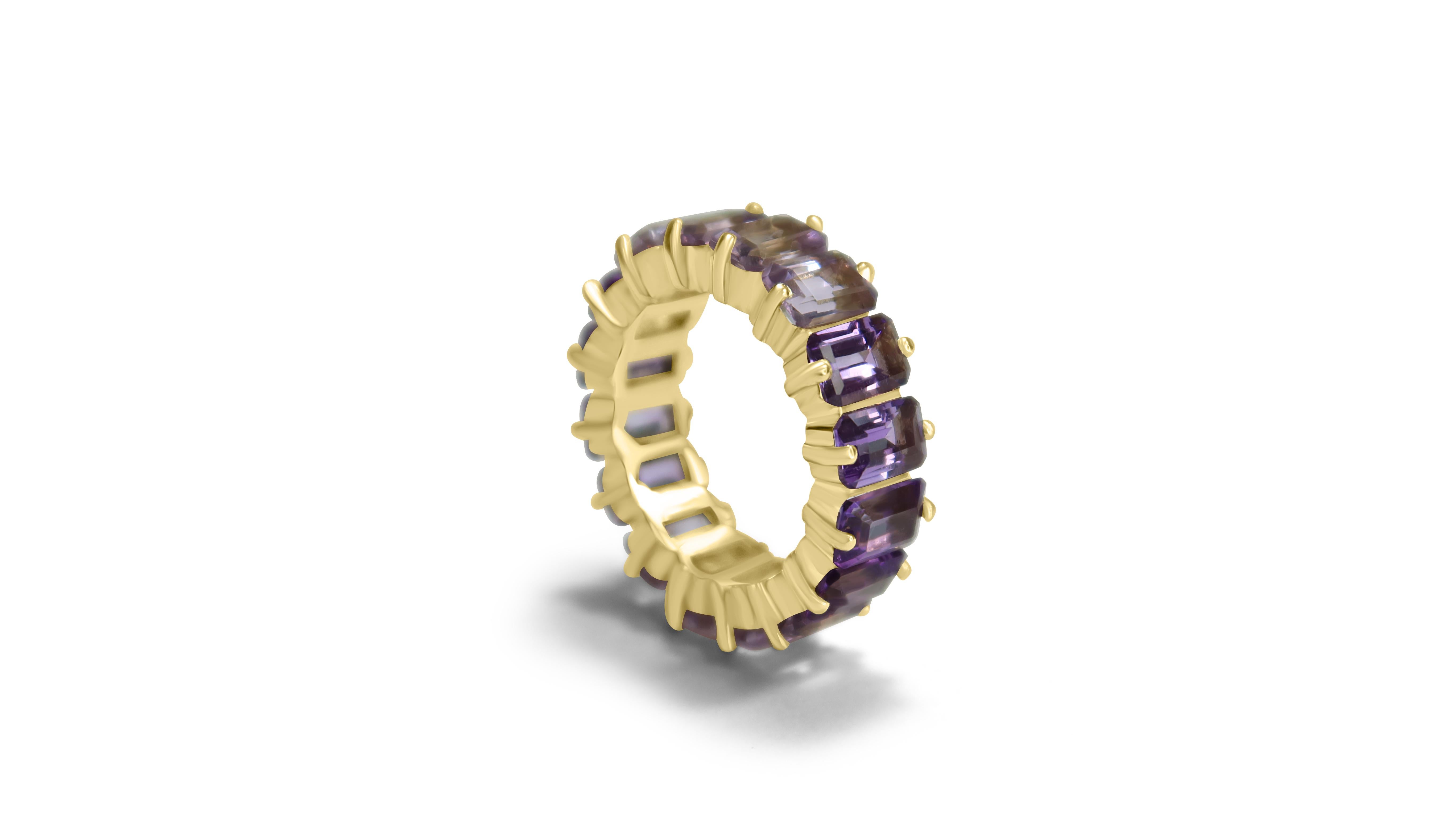 My favorite ring design of the year. Our gorgeous baguette cut ombre natural gemstone full eternity rings. This stunning Amethyst eternity ring example features two sets of dark to light natural amethyst ombre emerald cuts in a perfect prong set