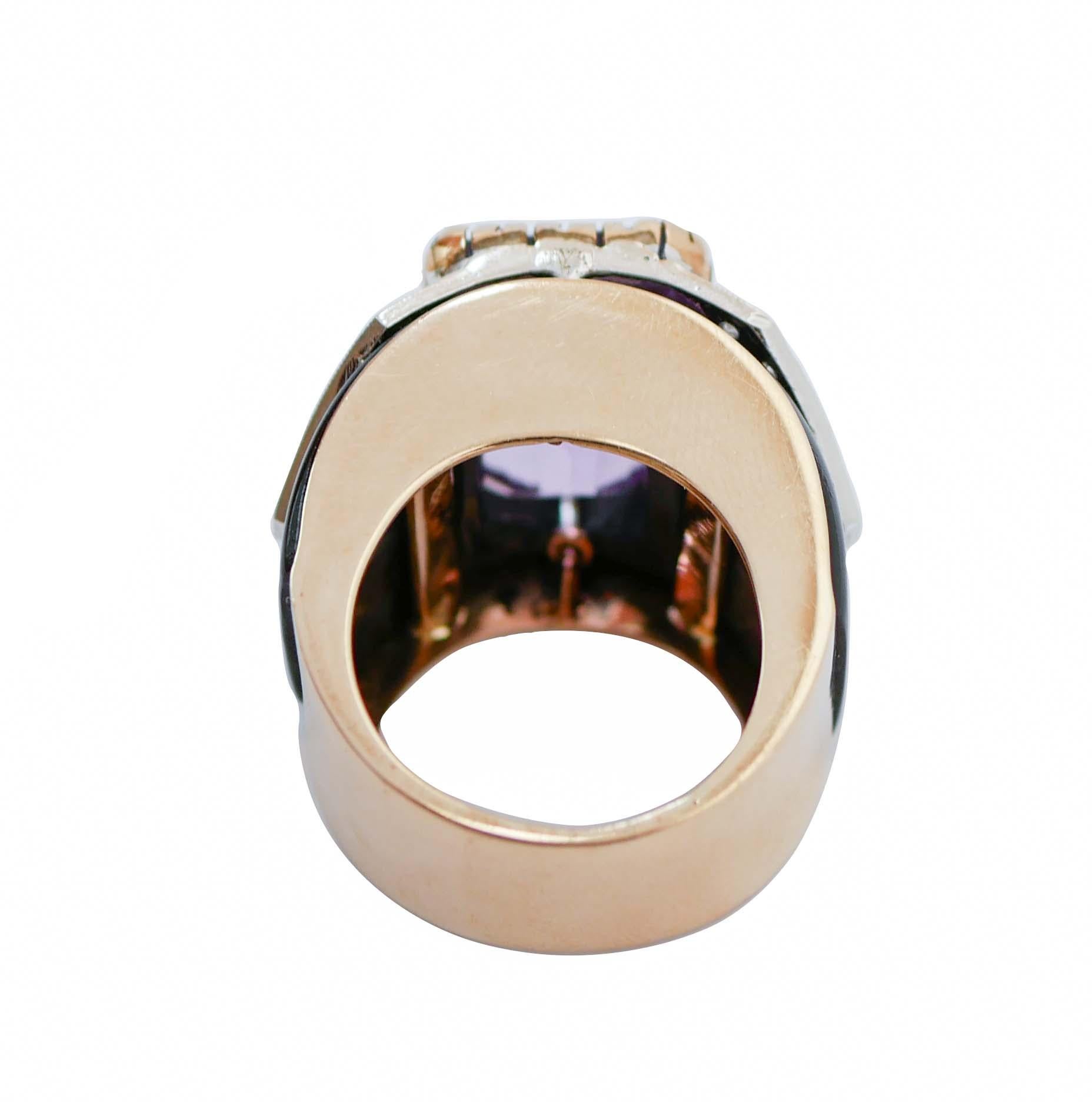 Retro Amethyst, Onyx, Diamonds, 14 Karat Rose Gold Band Ring. For Sale