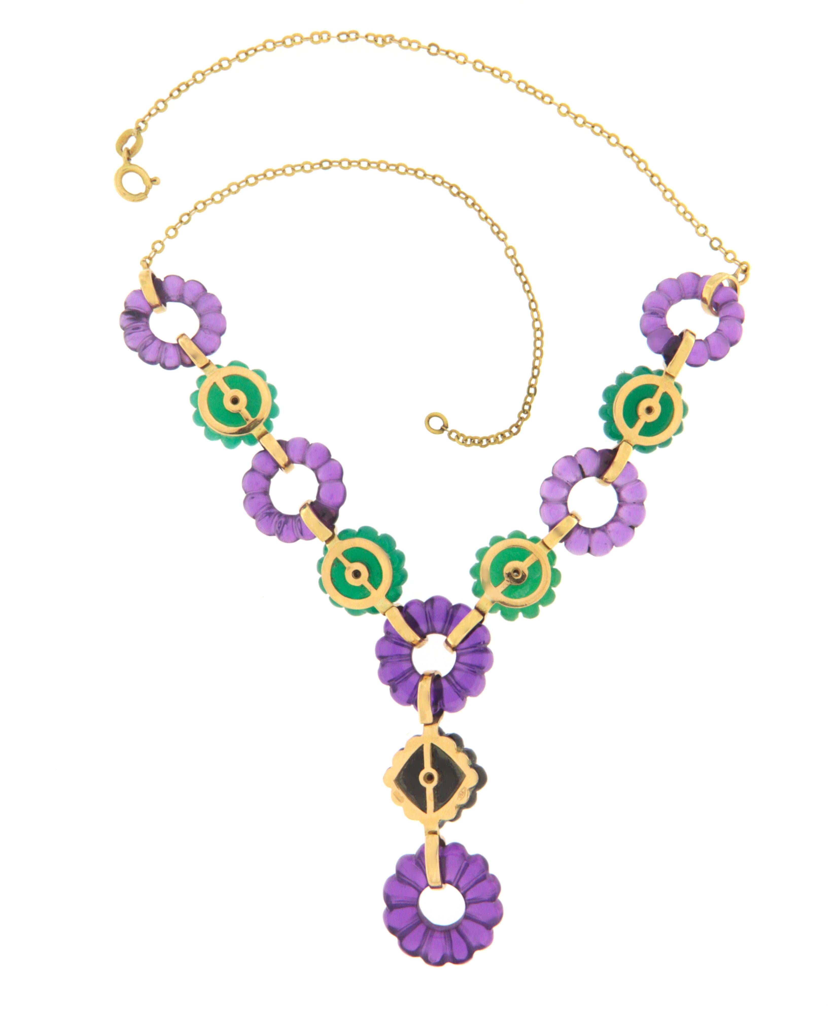 Tropfen-Halskette aus 18 Karat Gelbgold mit Amethyst, Onyx, Diamanten und Achat (Brillantschliff) im Angebot