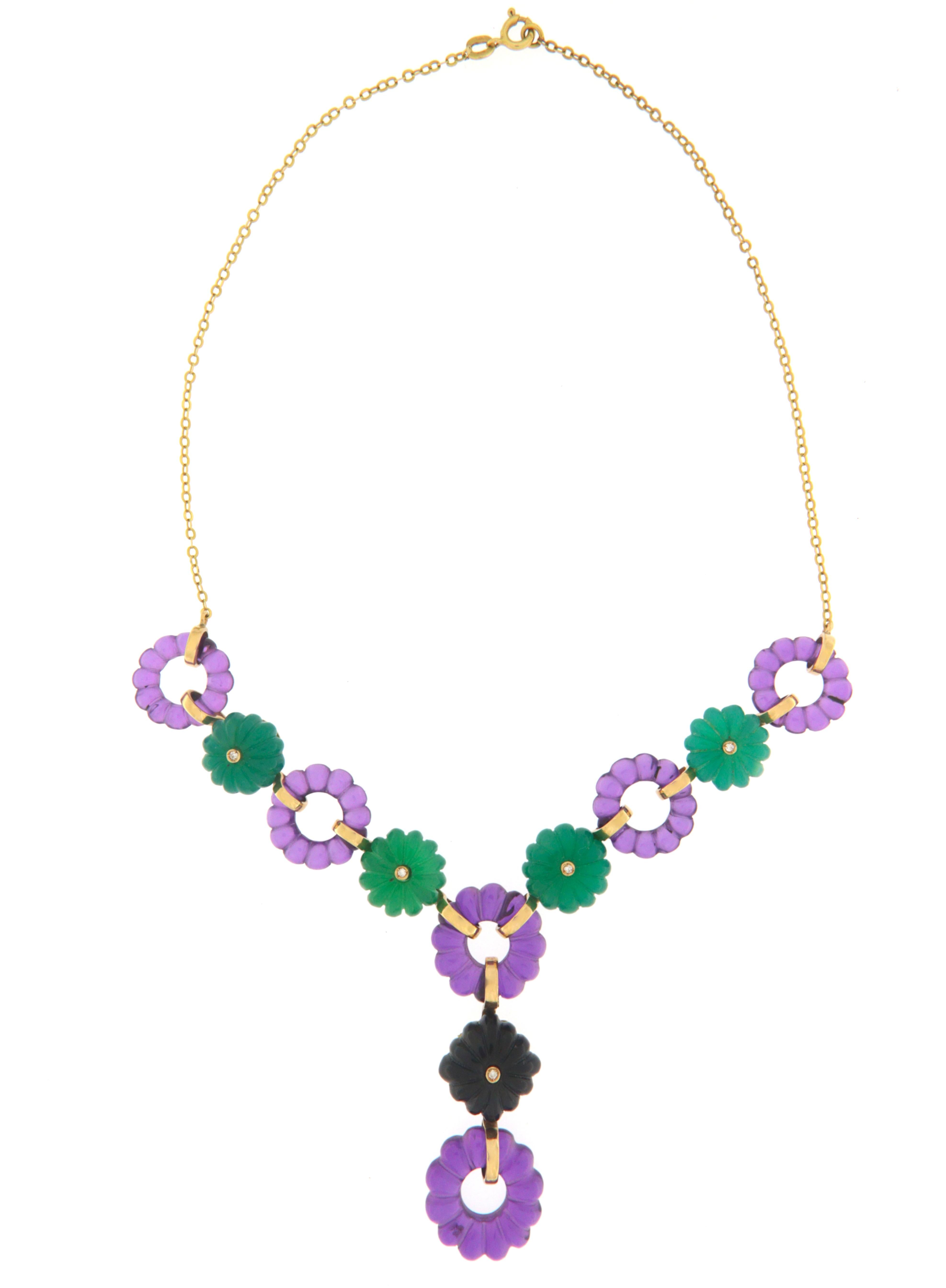 Amethyst Onyx Diamonds Agate 18 Karat Yellow Gold Drop Necklace In New Condition For Sale In Marcianise, IT