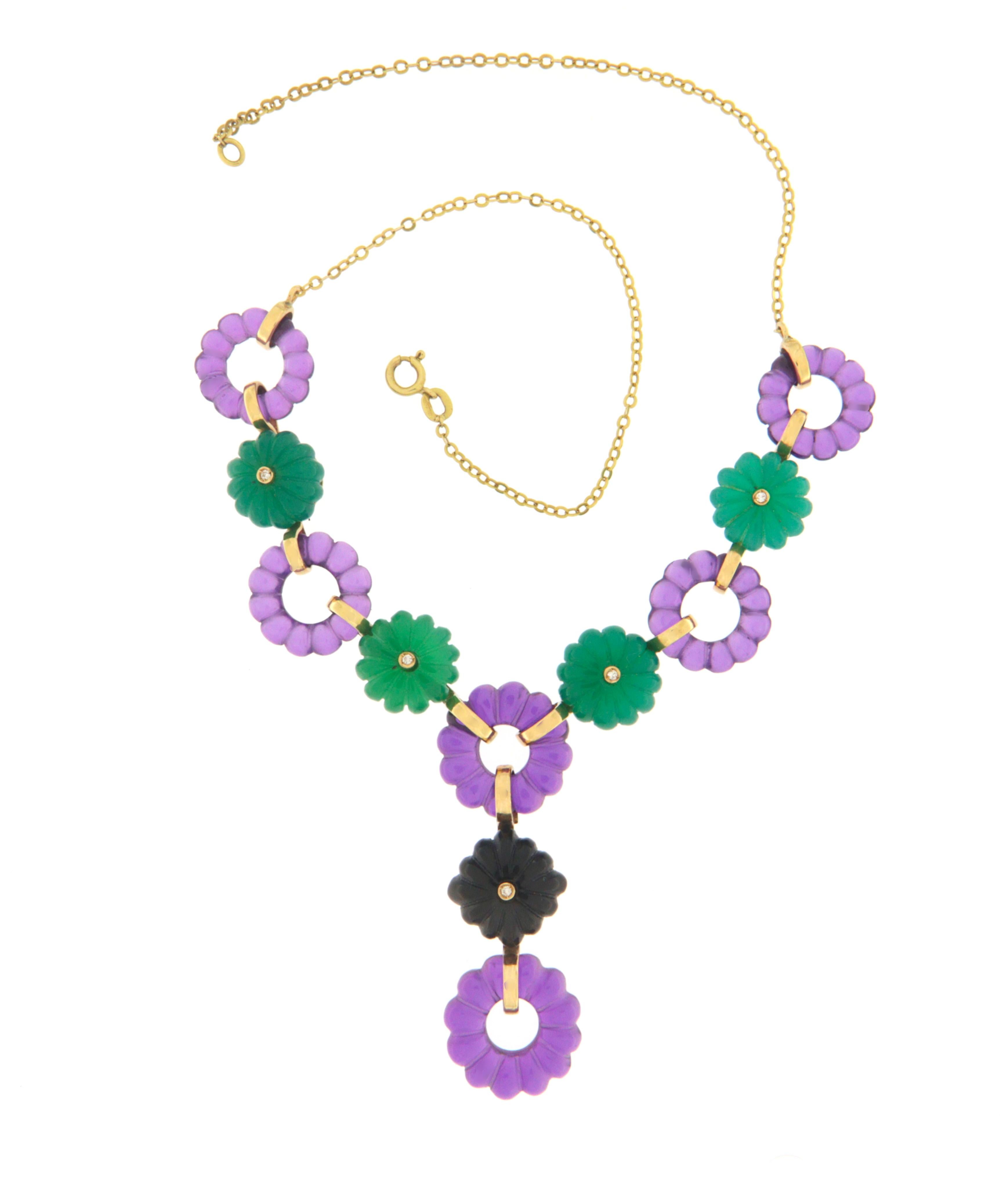 Women's Amethyst Onyx Diamonds Agate 18 Karat Yellow Gold Drop Necklace For Sale