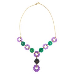 Tropfen-Halskette aus 18 Karat Gelbgold mit Amethyst, Onyx, Diamanten und Achat