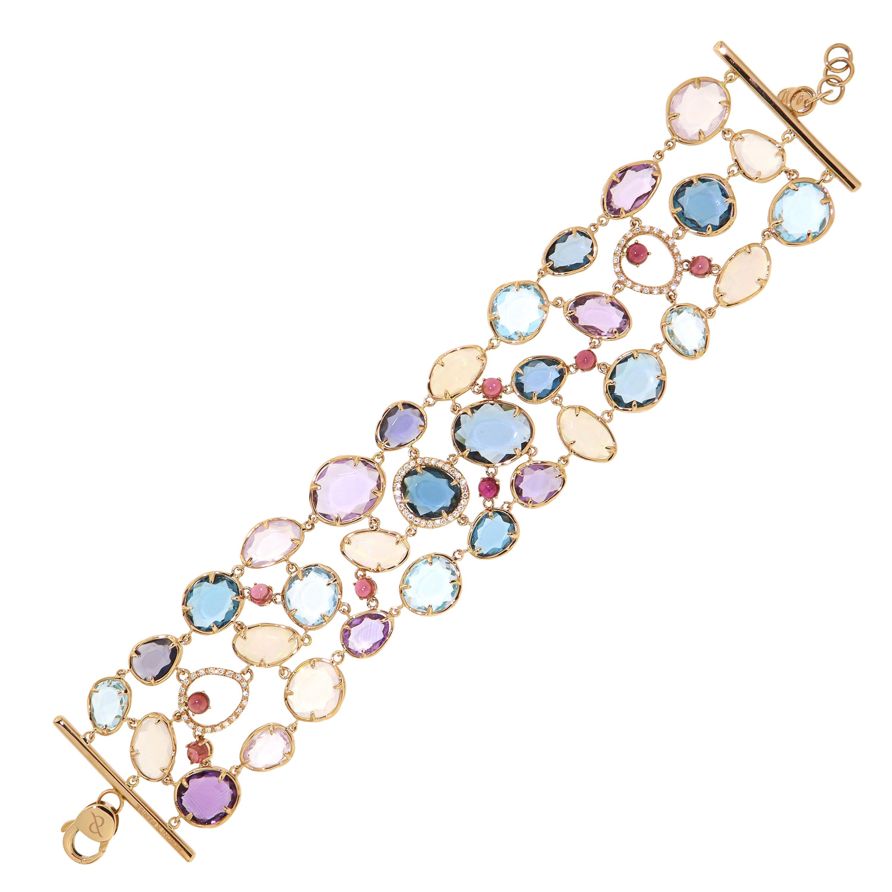 Amethyst Opal Lilac Quartz Diamonds 3 Row 18k Gold Fabulous Bracelet for Her For Sale