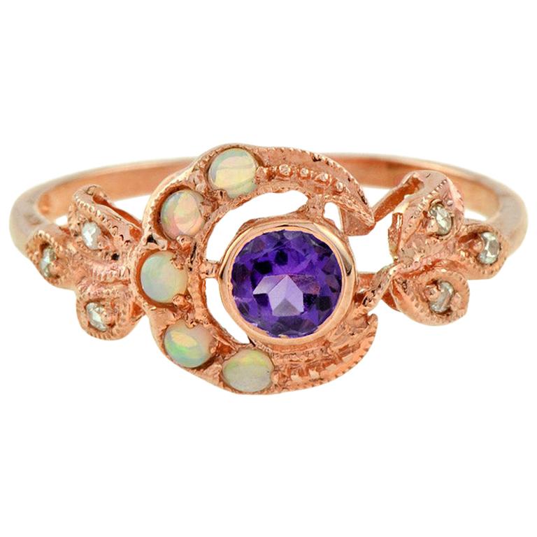 Fleur Victorian Amethyst with Opal and Diamond Ring in 9K Rose Gold