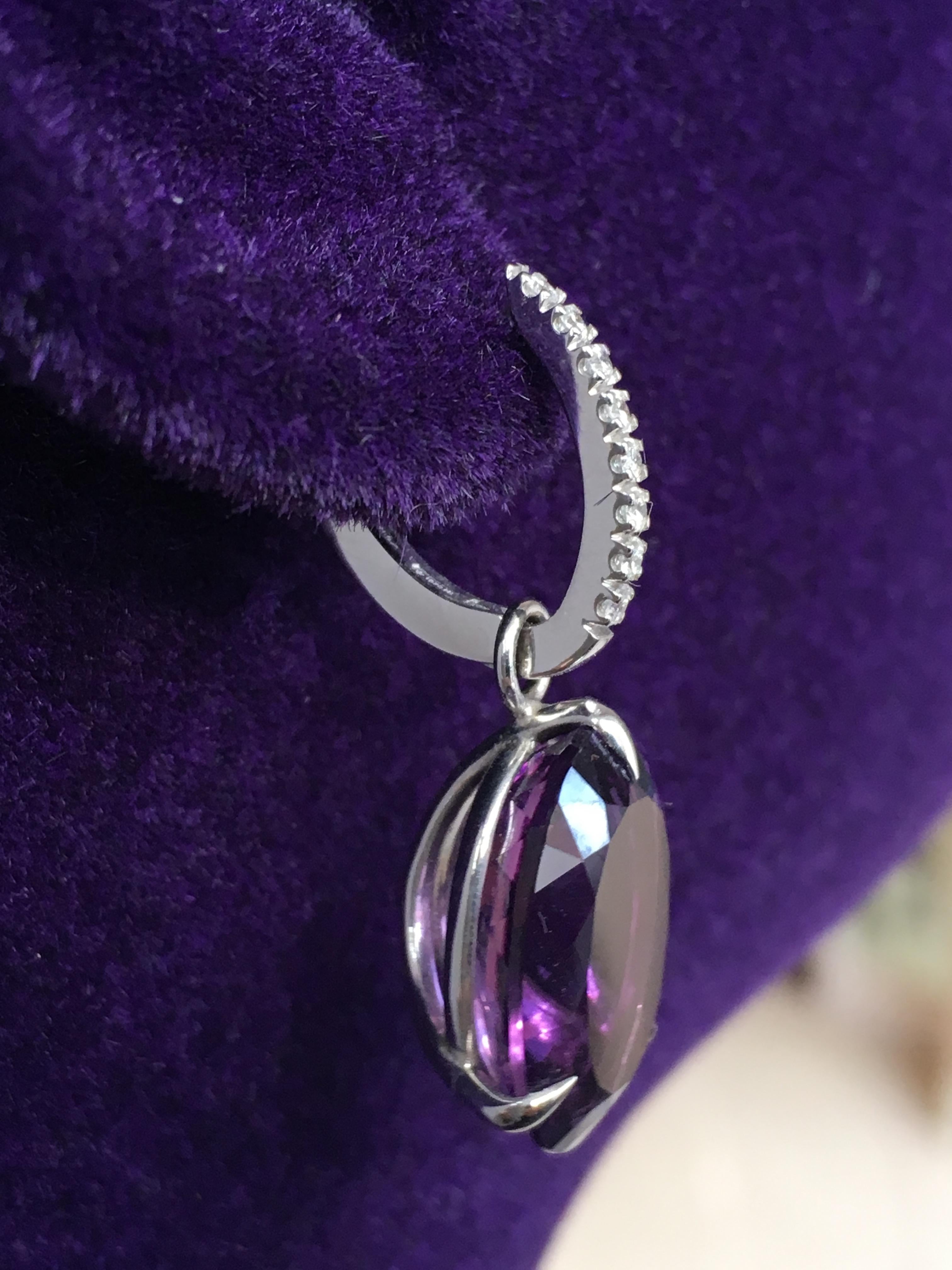 Lilly Hastedt Amethyst Oval 18 Karat White Gold Diamond Hoop Earrings In New Condition In London, GB