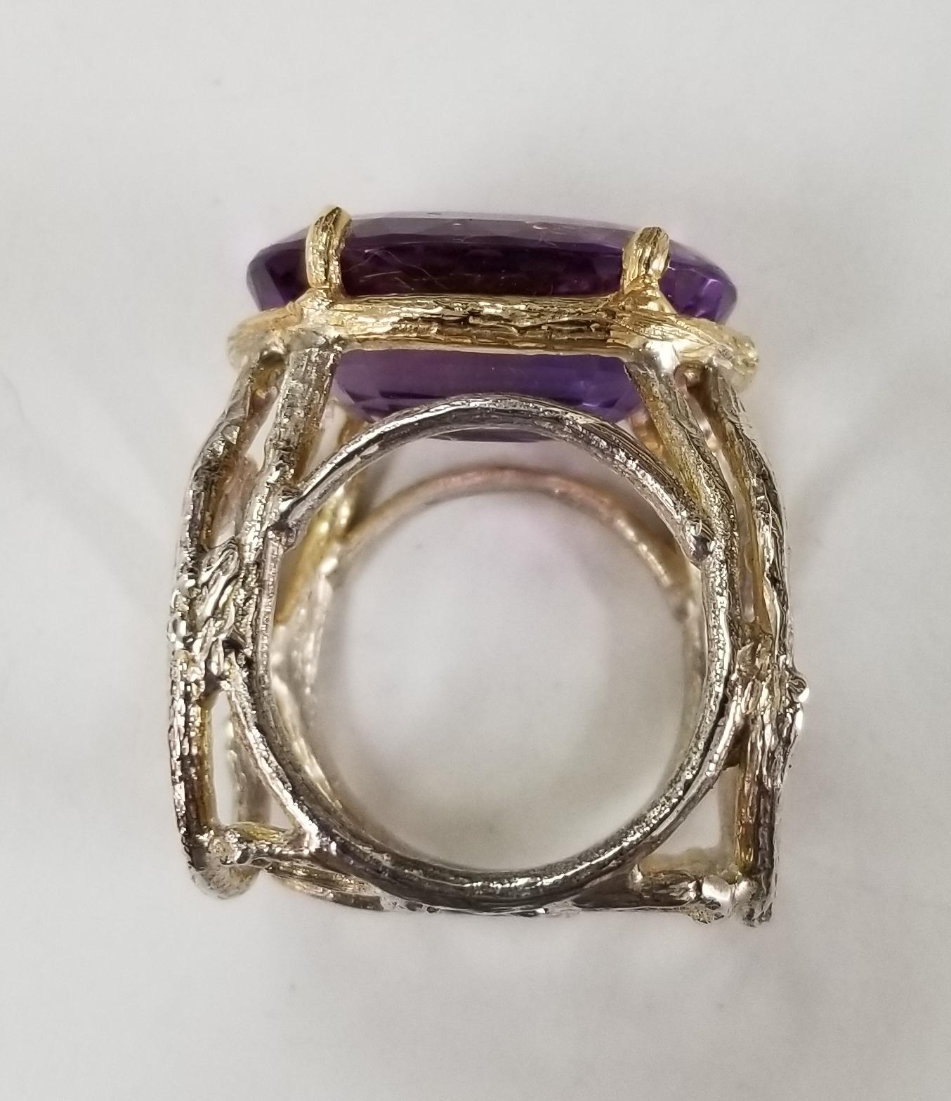 Modern Amethyst Oval 21.83 Carat 14 Karat Yellow Gold and Silver Gresha Design For Sale
