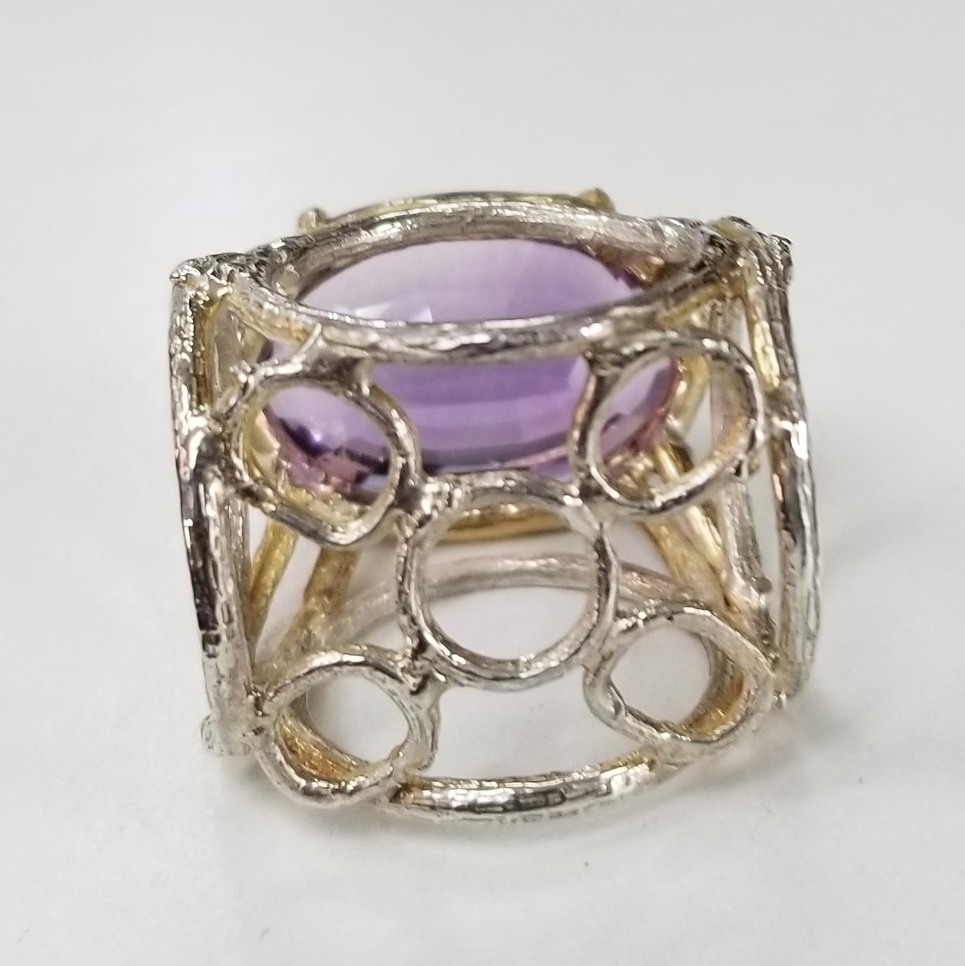 Oval Cut Amethyst Oval 21.83 Carat 14 Karat Yellow Gold and Silver Gresha Design For Sale
