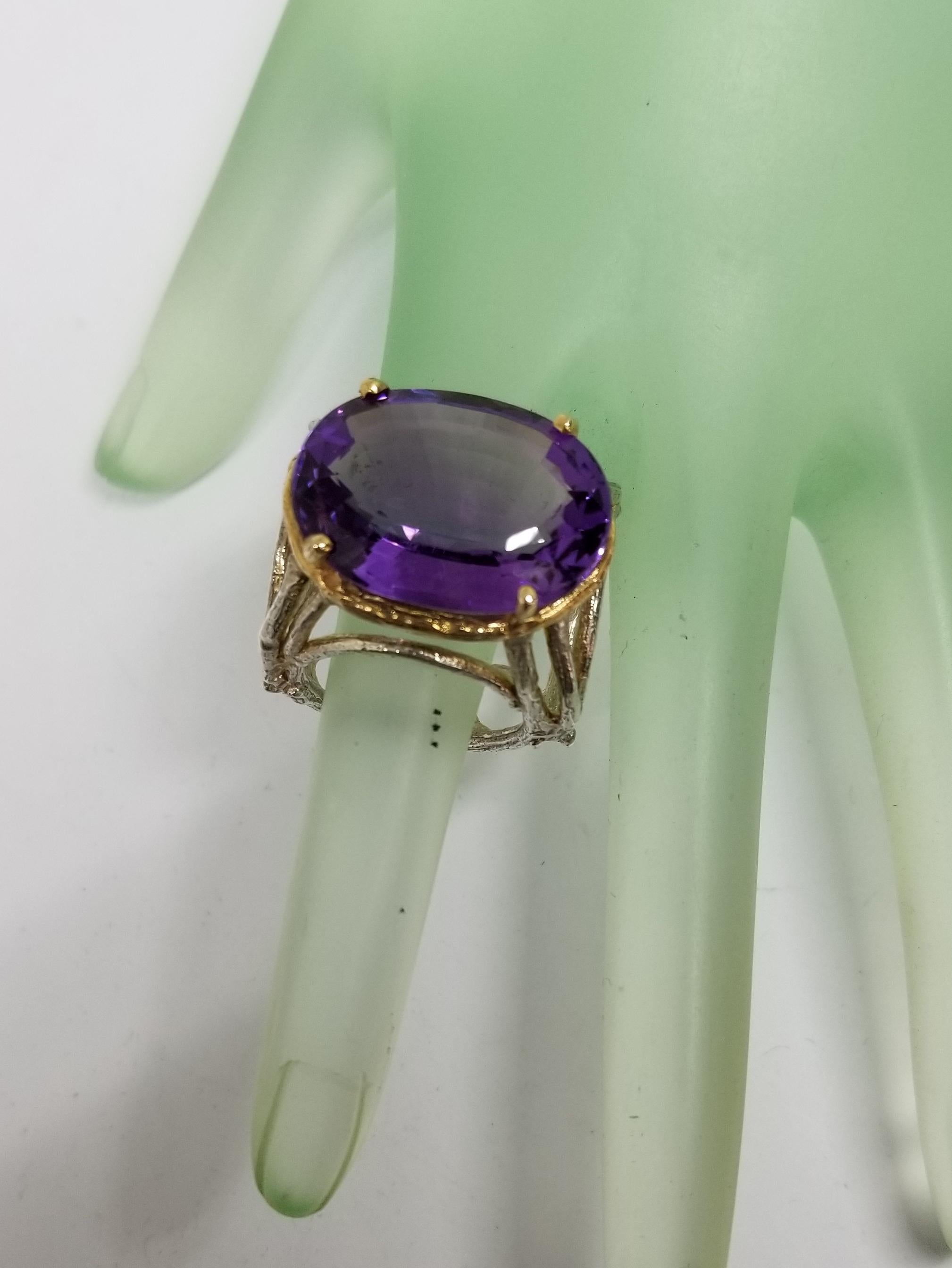 Amethyst Oval 21.83 Carat 14 Karat Yellow Gold and Silver Gresha Design In New Condition For Sale In Los Angeles, CA