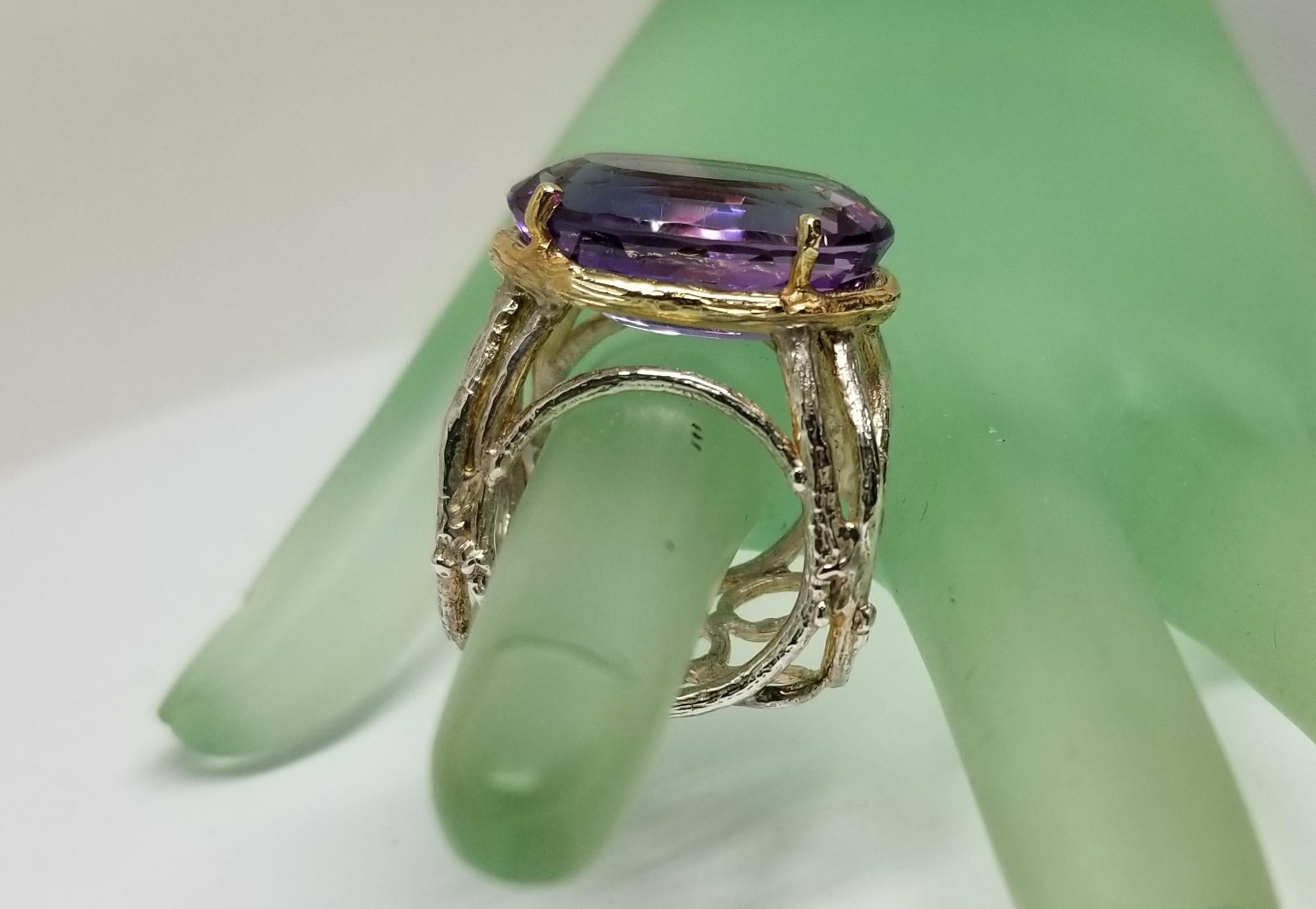 Women's or Men's Amethyst Oval 21.83 Carat 14 Karat Yellow Gold and Silver Gresha Design For Sale