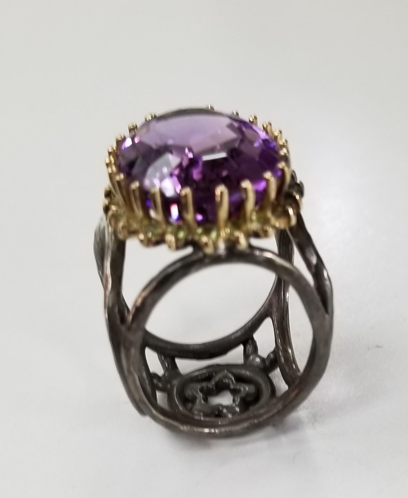 Modern Amethyst Oval 21.87 Carat with Peridot 14 Karat Yellow Gold and Silver Gresha For Sale