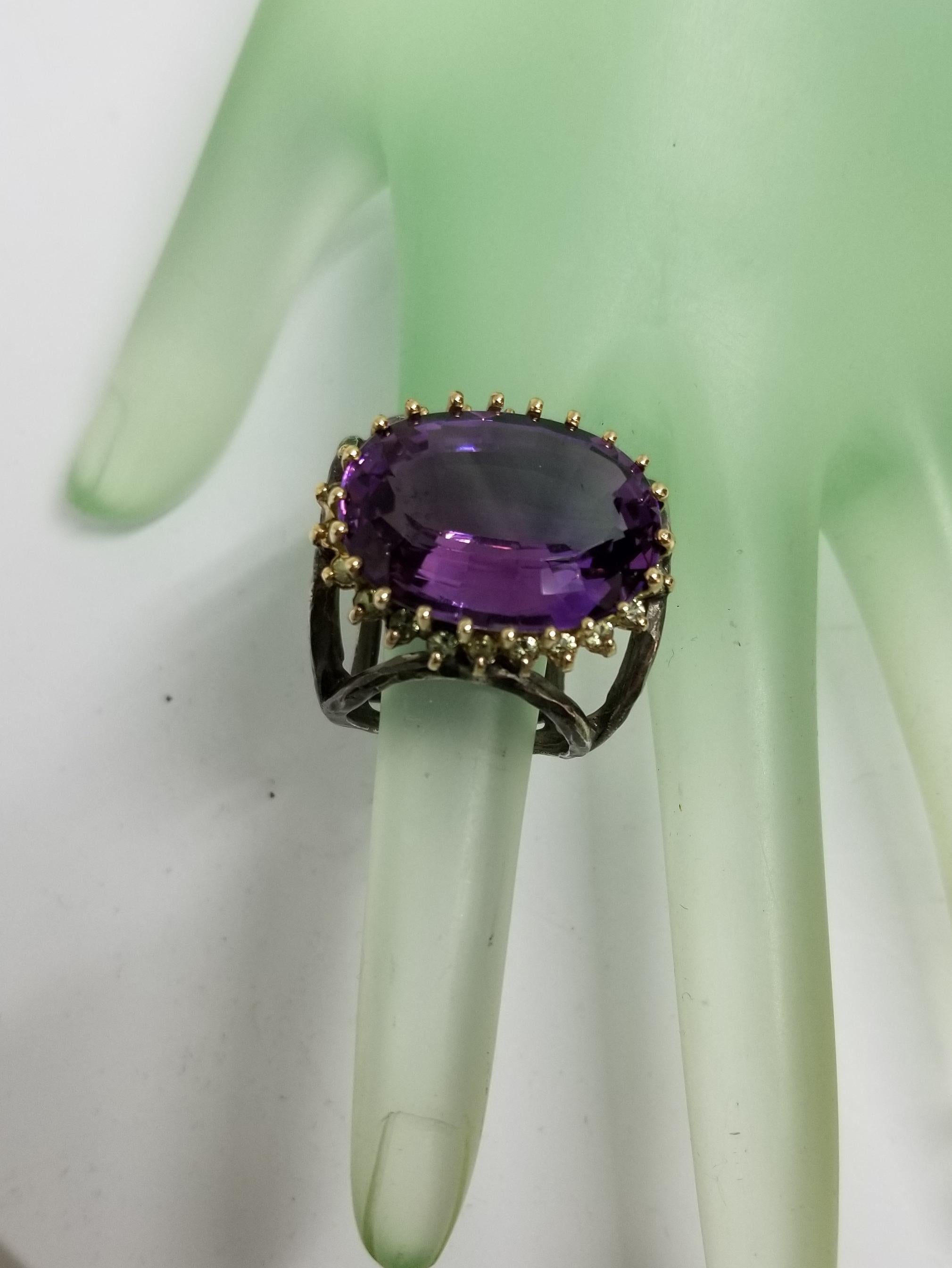 Amethyst Oval 21.87 Carat with Peridot 14 Karat Yellow Gold and Silver Gresha For Sale 2