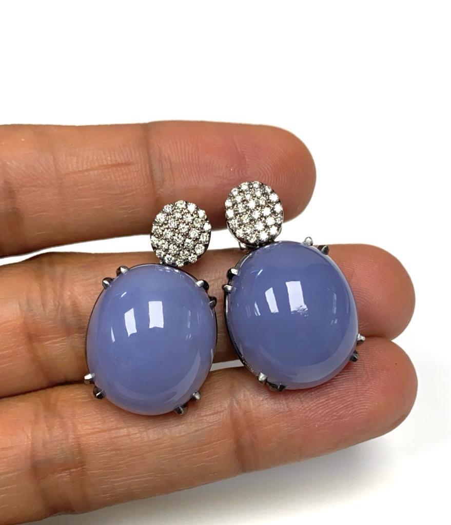 Goshwara Oval Cab Blue Chalcedony And Diamond Earrings 1