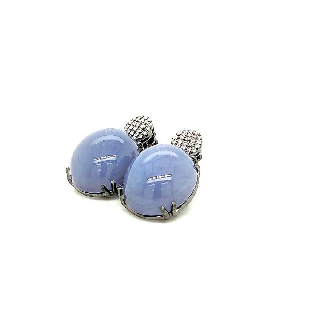 Contemporary Goshwara Oval Cab Blue Chalcedony And Diamond Earrings