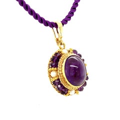 Amethyst Cabochon and Seed Pearl Filigree Pendant in 18k Yellow Gold