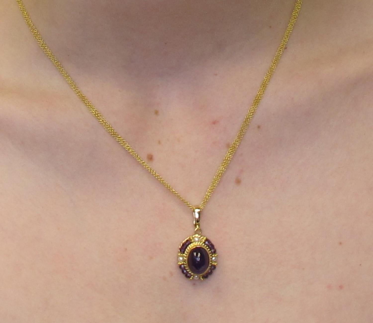 Artisan Amethyst Cabochon and Seed Pearl Filigree Pendant in 18k Yellow Gold  For Sale
