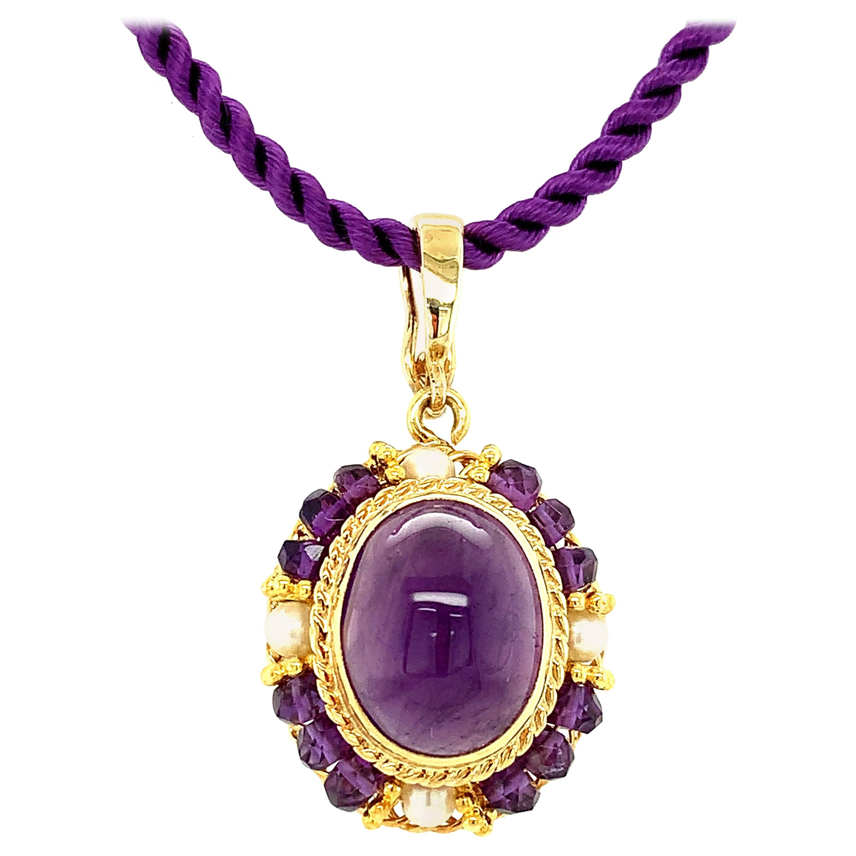 Amethyst Cabochon and Seed Pearl Filigree Pendant in 18k Yellow Gold For Sale
