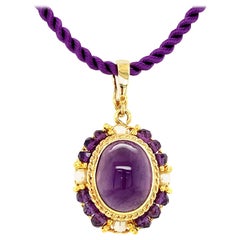 Amethyst Cabochon and Seed Pearl Filigree Pendant in 18k Yellow Gold 