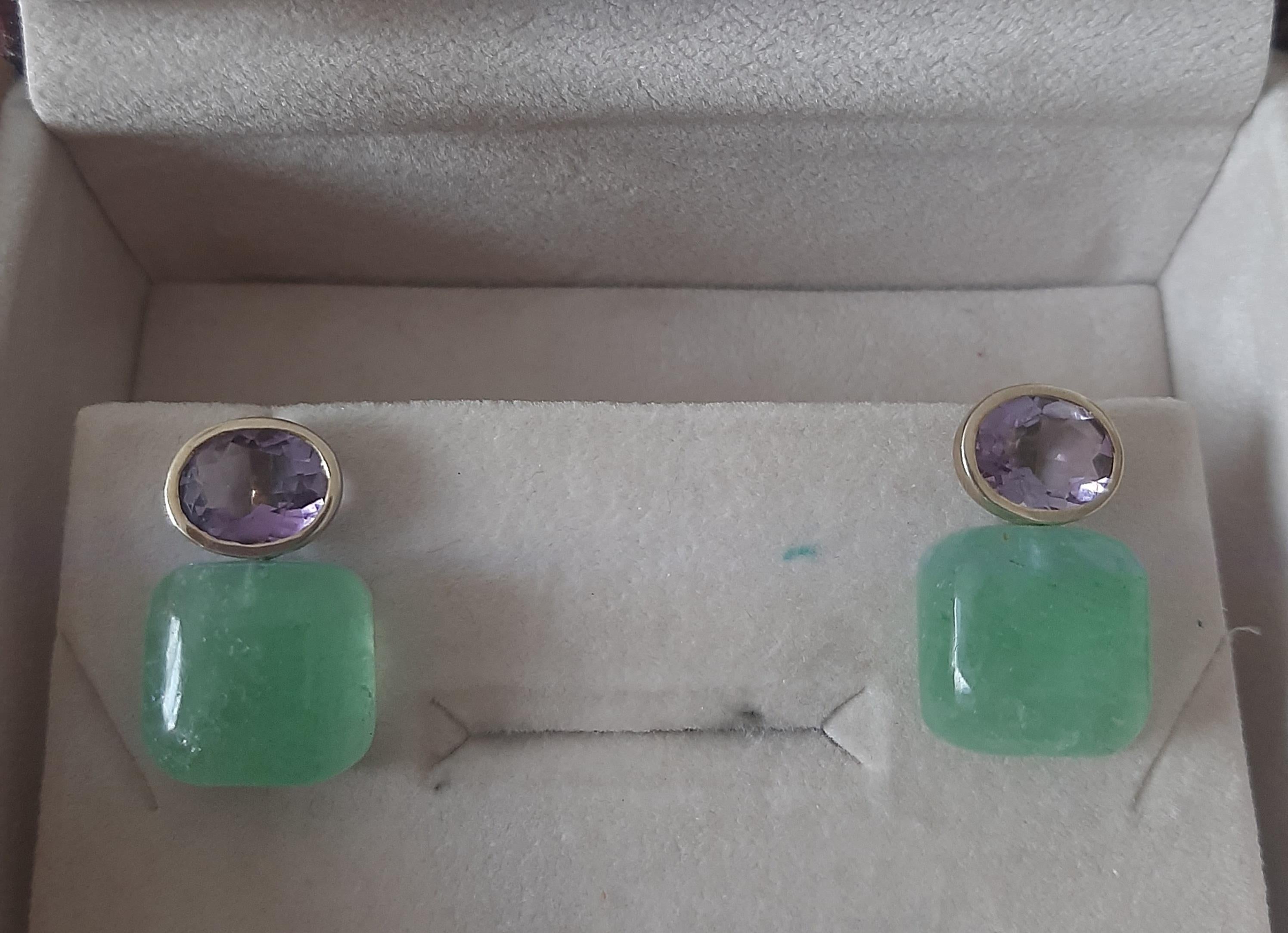 Donna Orecchini con ametista ovale sfaccettata in oro massiccio, avventurina verde a forma di cuscino in vendita