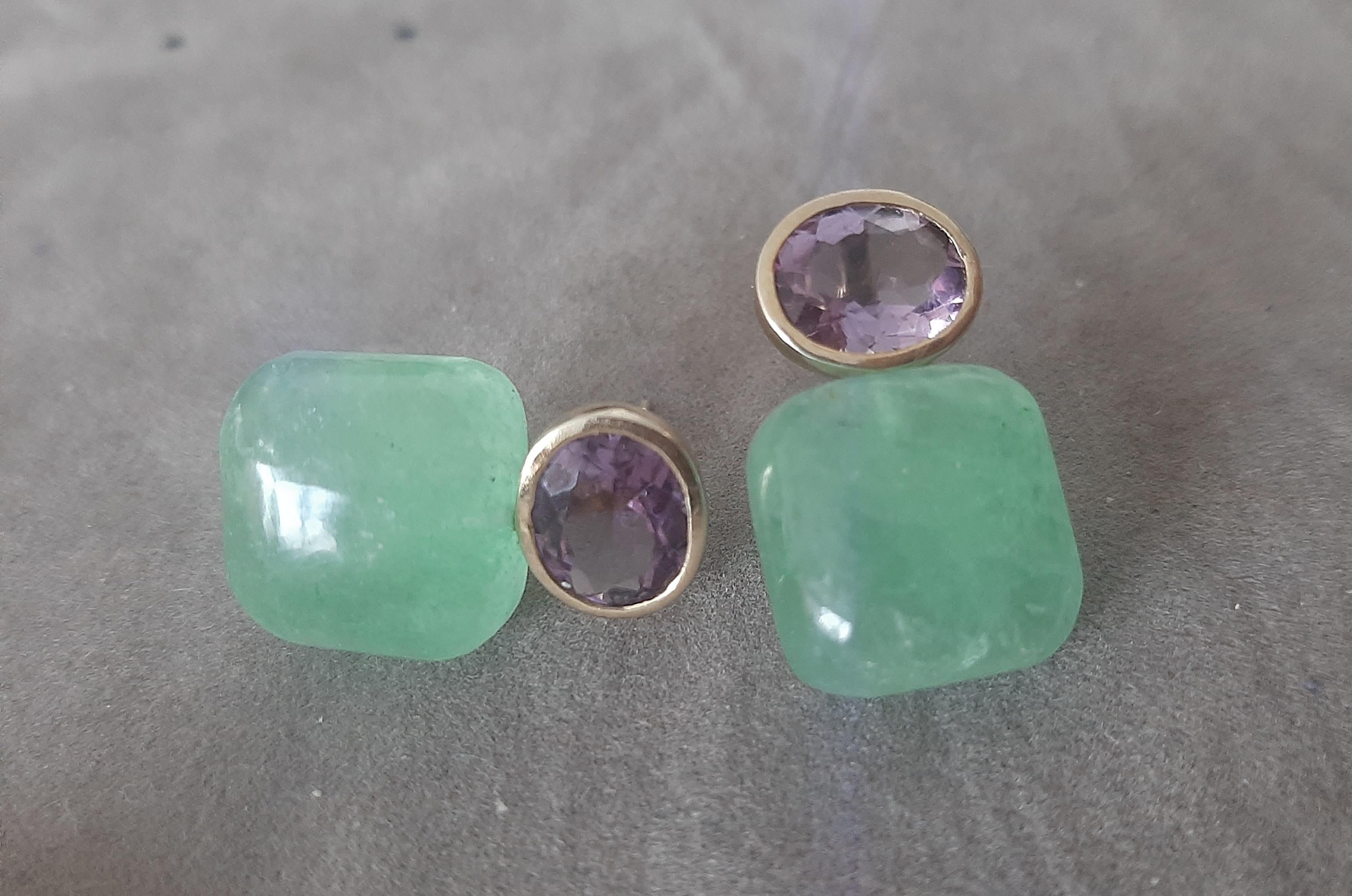 Orecchini con ametista ovale sfaccettata in oro massiccio, avventurina verde a forma di cuscino in vendita 2