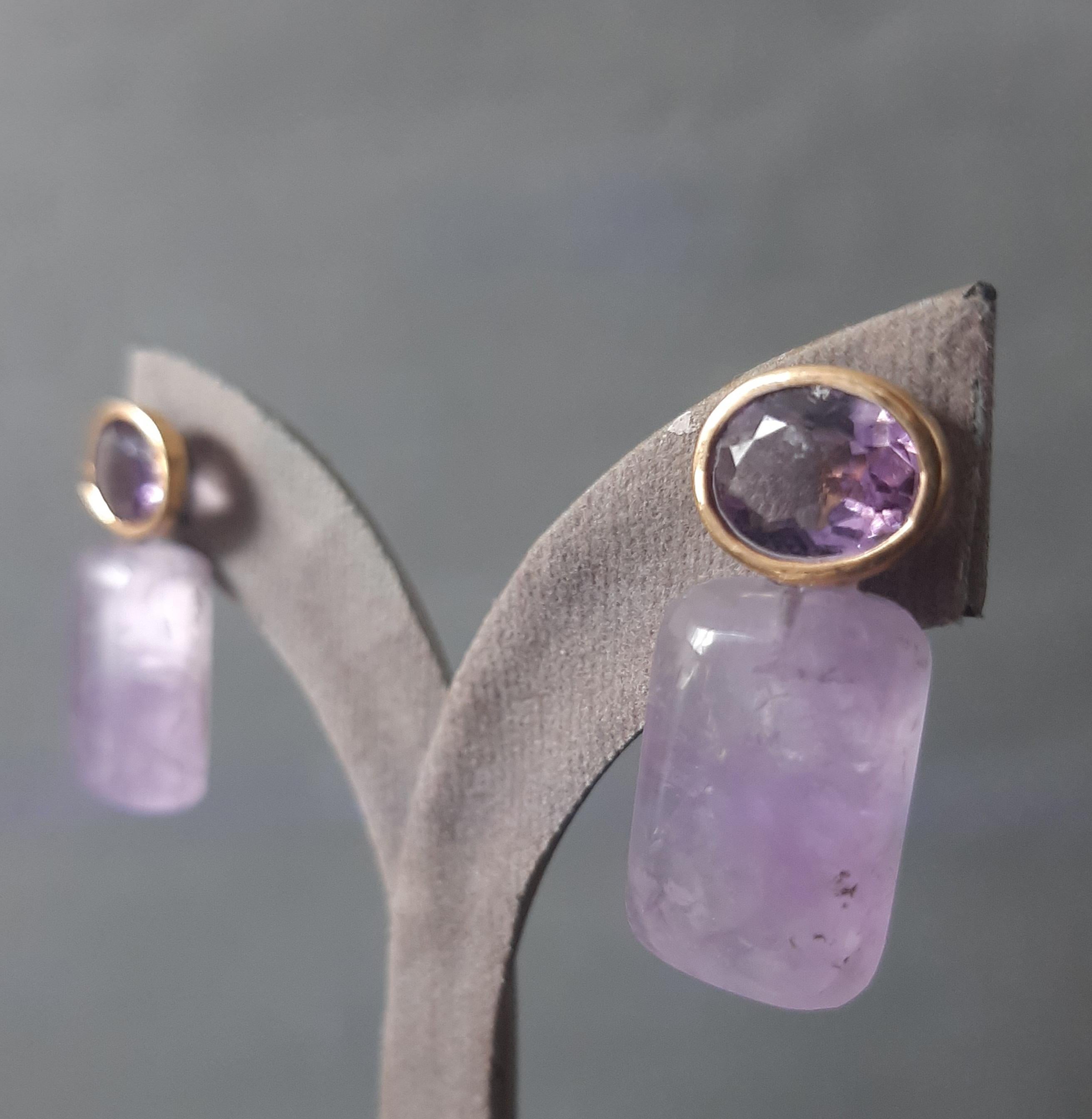Artisan Amethyst Oval Shape Tops Amethyst Rectangular Cabs 14k Solid Gold Stud Earrings For Sale