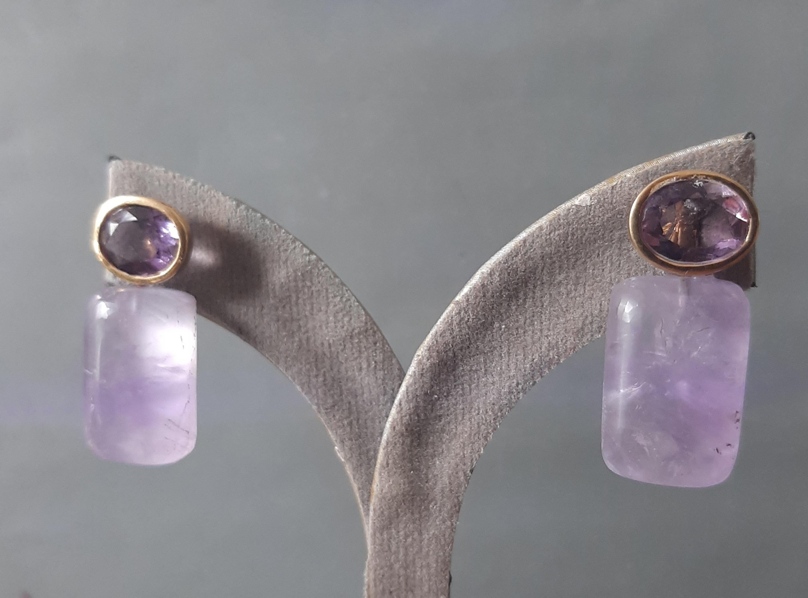 Mixed Cut Amethyst Oval Shape Tops Amethyst Rectangular Cabs 14k Solid Gold Stud Earrings For Sale