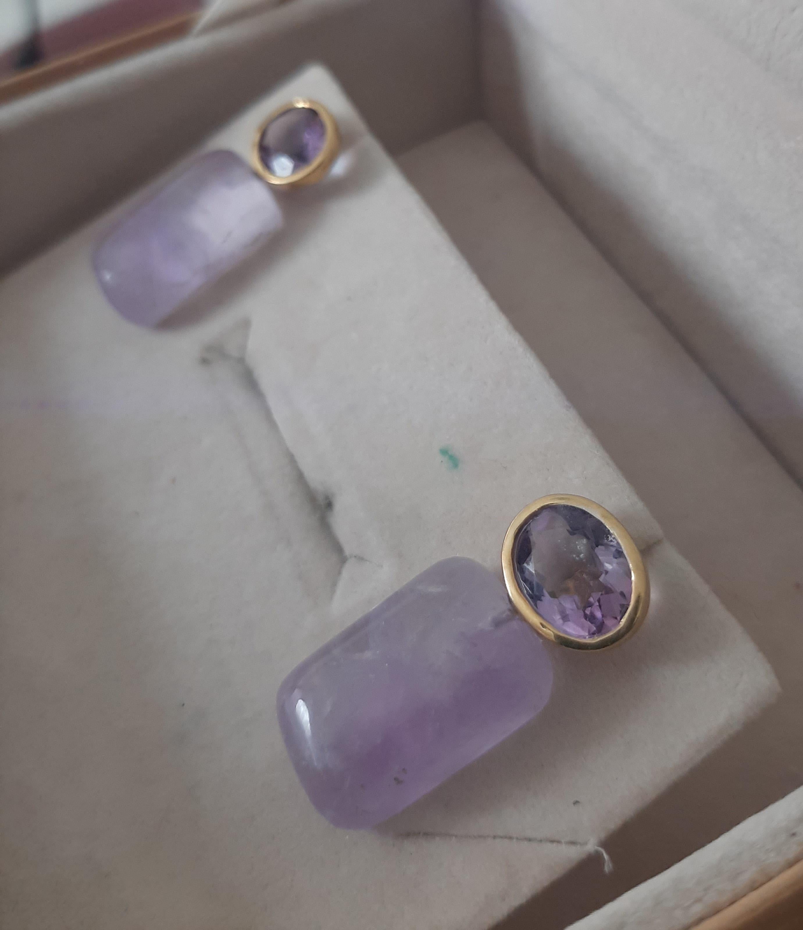 Amethyst Oval Shape Tops Amethyst Rectangular Cabs 14k Solid Gold Stud Earrings In New Condition For Sale In Bangkok, TH