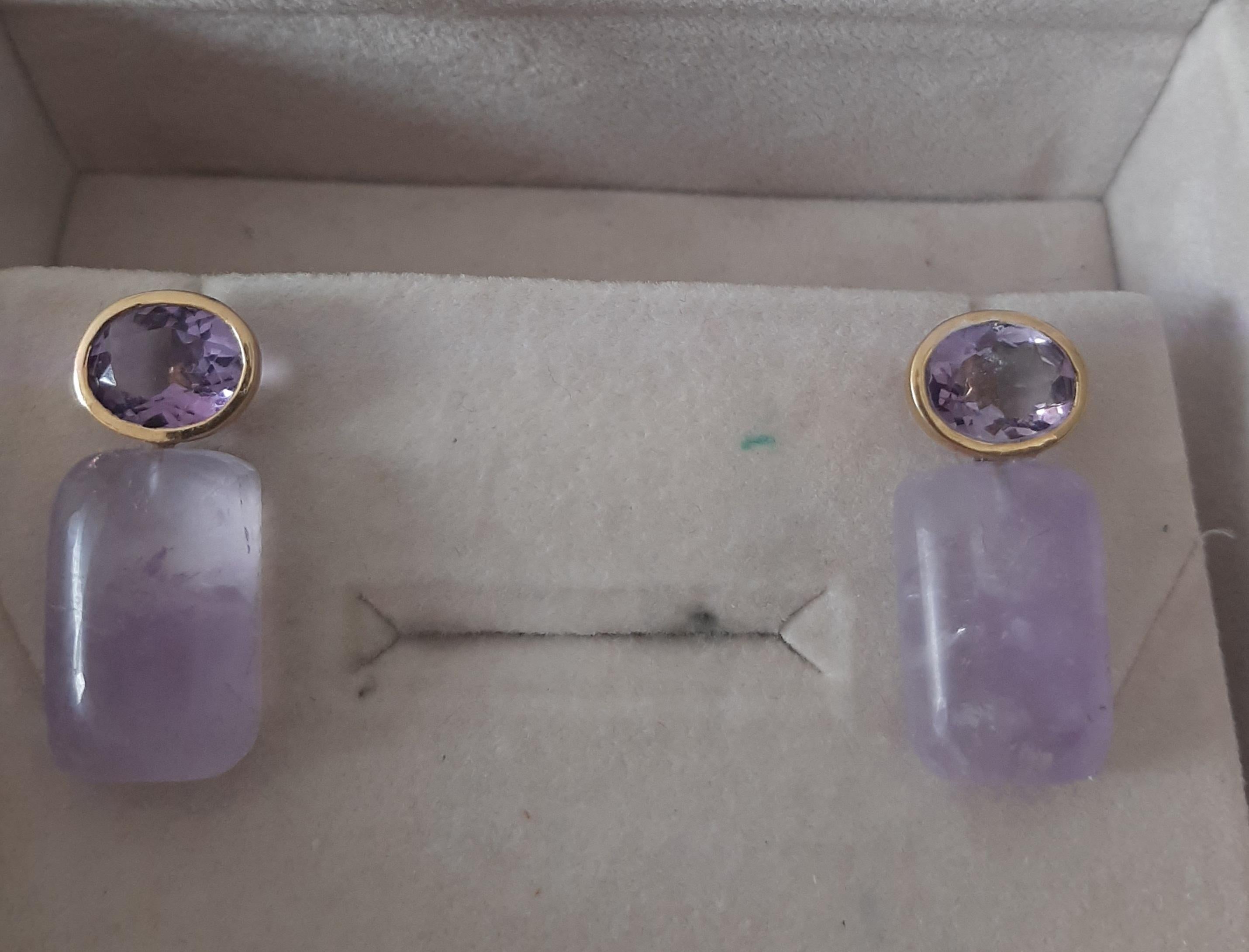 Women's Amethyst Oval Shape Tops Amethyst Rectangular Cabs 14k Solid Gold Stud Earrings For Sale