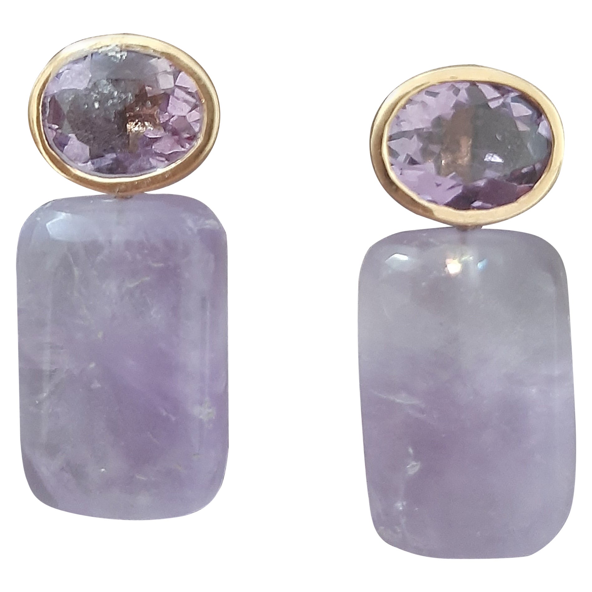 Amethyst Oval Shape Tops Amethyst Rectangular Cabs 14k Solid Gold Stud Earrings For Sale