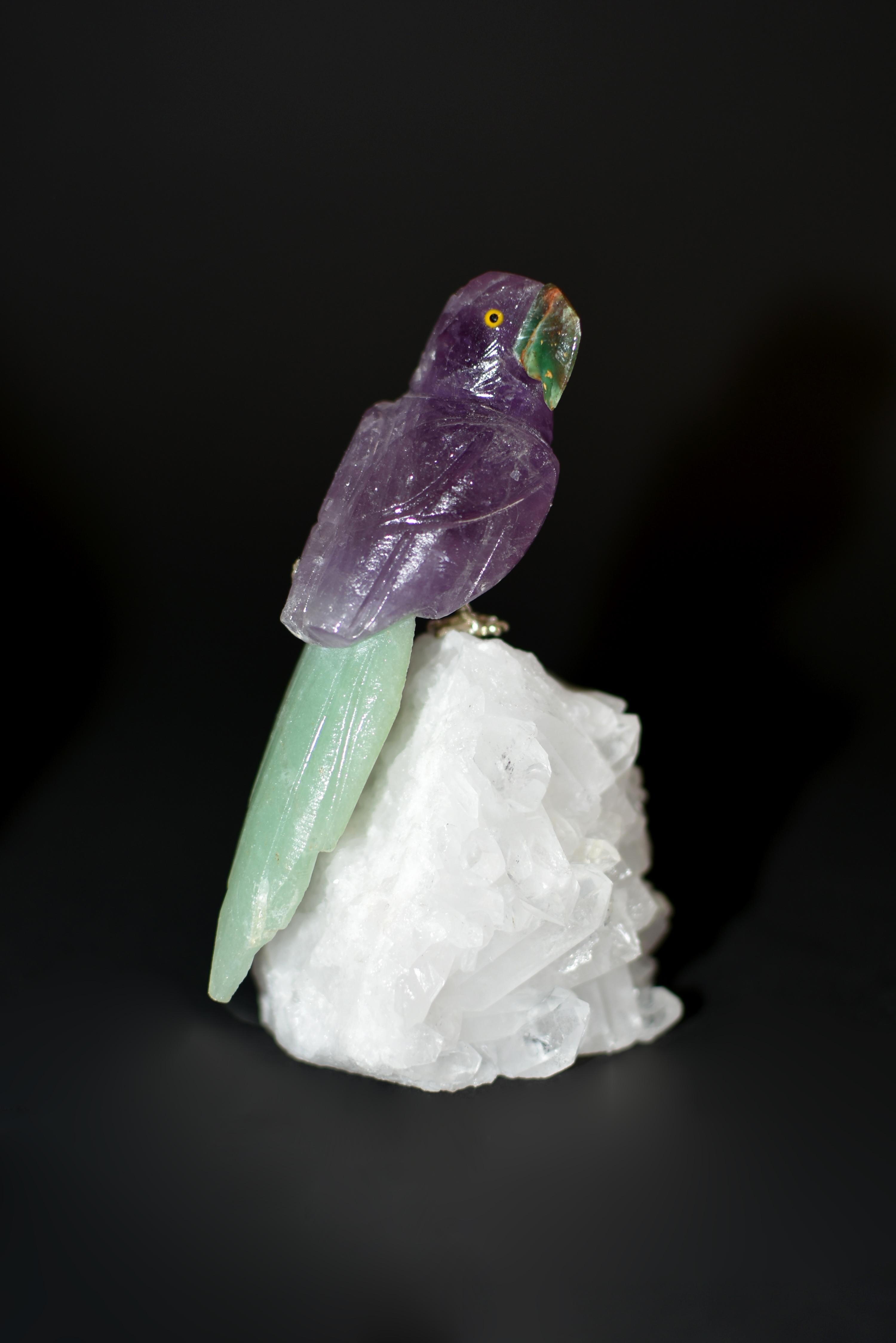 Hand-Carved Amethyst Parrots on Rock Crystal