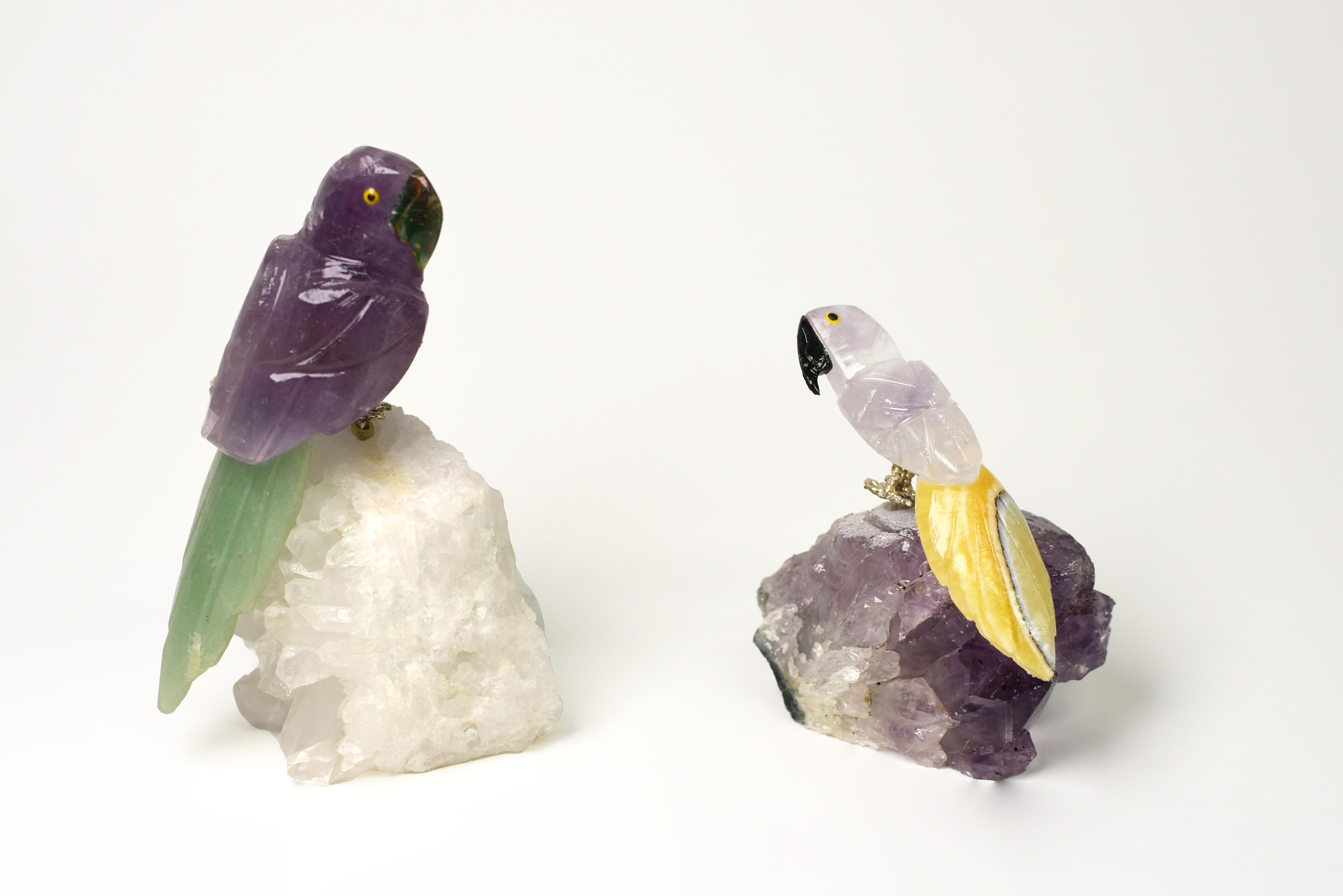 Contemporary Amethyst Parrots on Rock Crystal