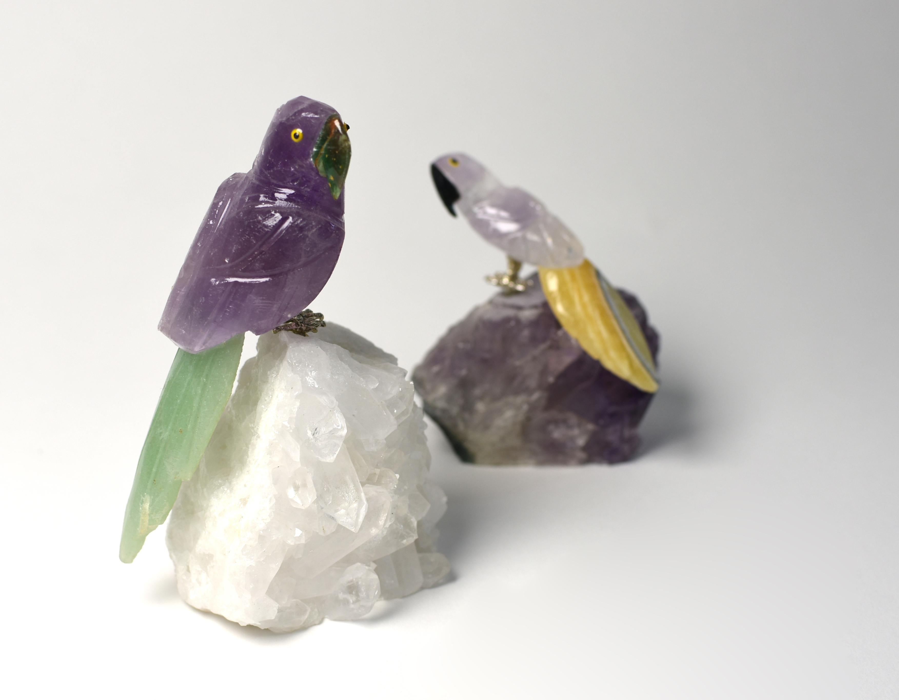 Multi-gemstone Amethyst Parrots on Rock Crystal