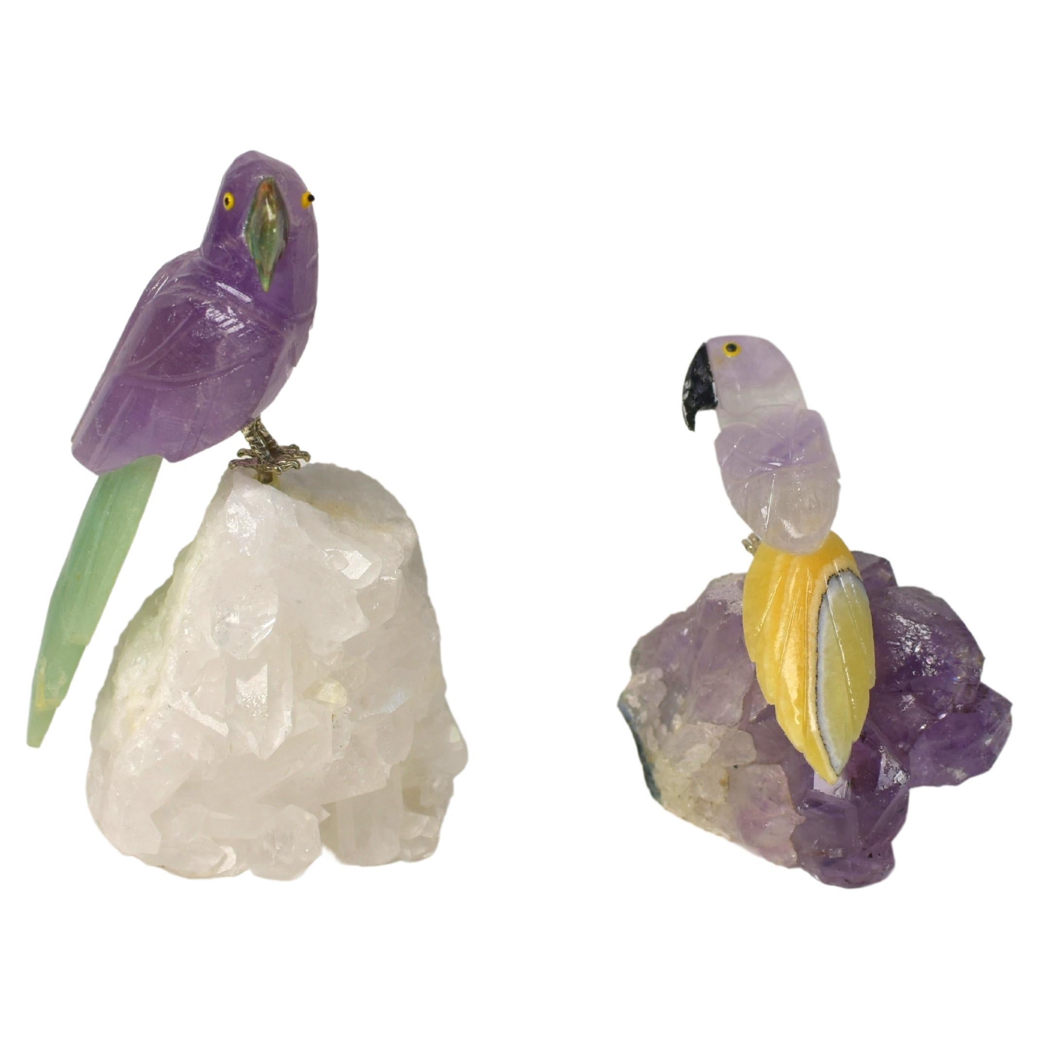 Amethyst Parrots on Rock Crystal