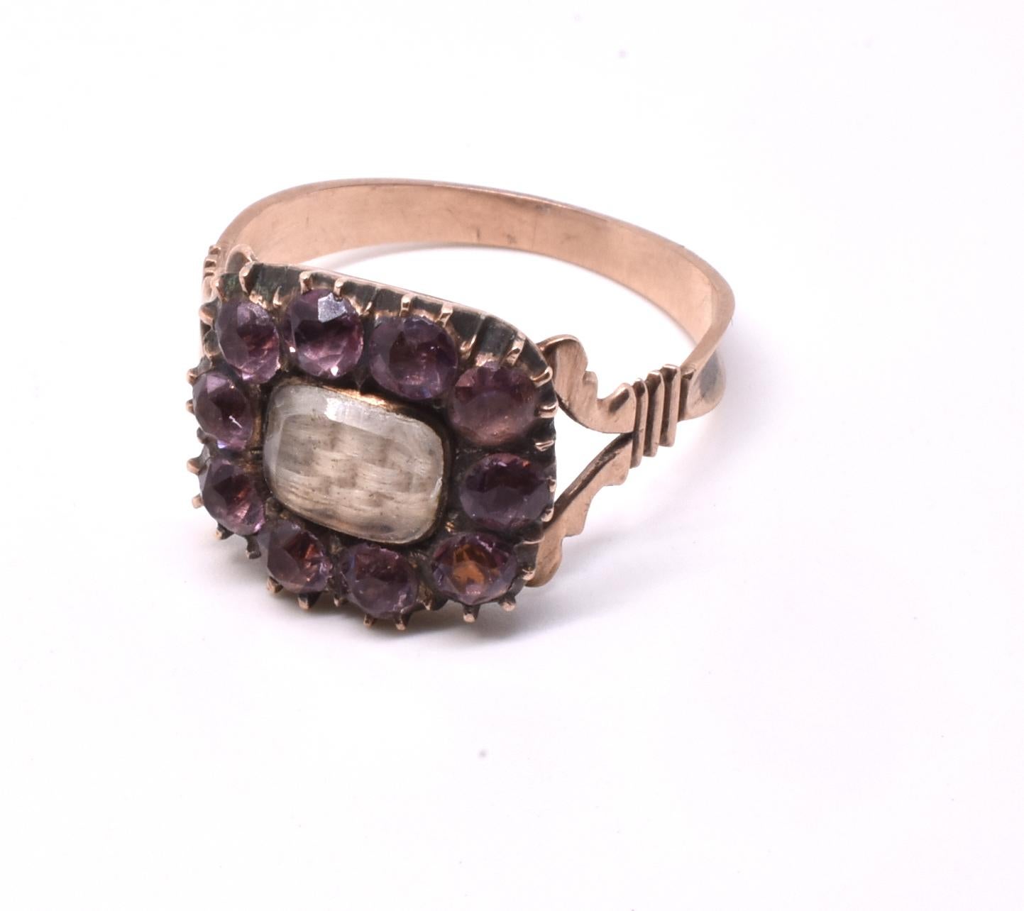 C1860 Amethyst Paste Sentimental Plaited Hair Ring In Good Condition For Sale In Baltimore, MD