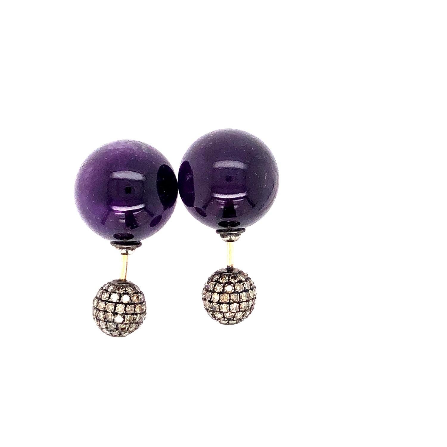 Artisan Amethyst & Pave Diamond Ball Earrings Made In 14k Gold For Sale