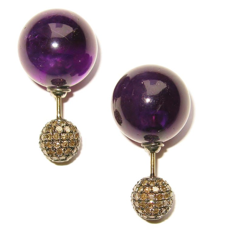 Amethyst and Pave Diamond Ball Earrings Made In 14k Gold For Sale