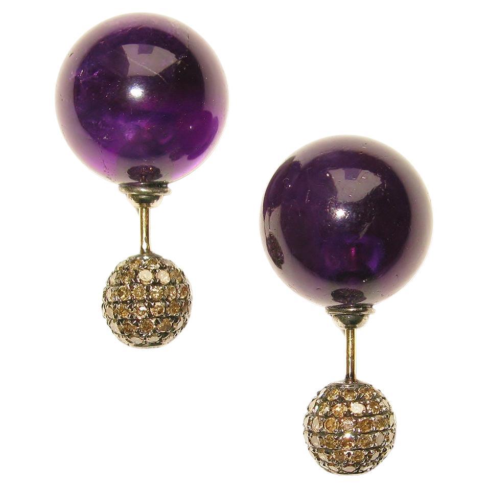 Amethyst & Pave Diamond Ball Earrings Made In 14k Gold For Sale
