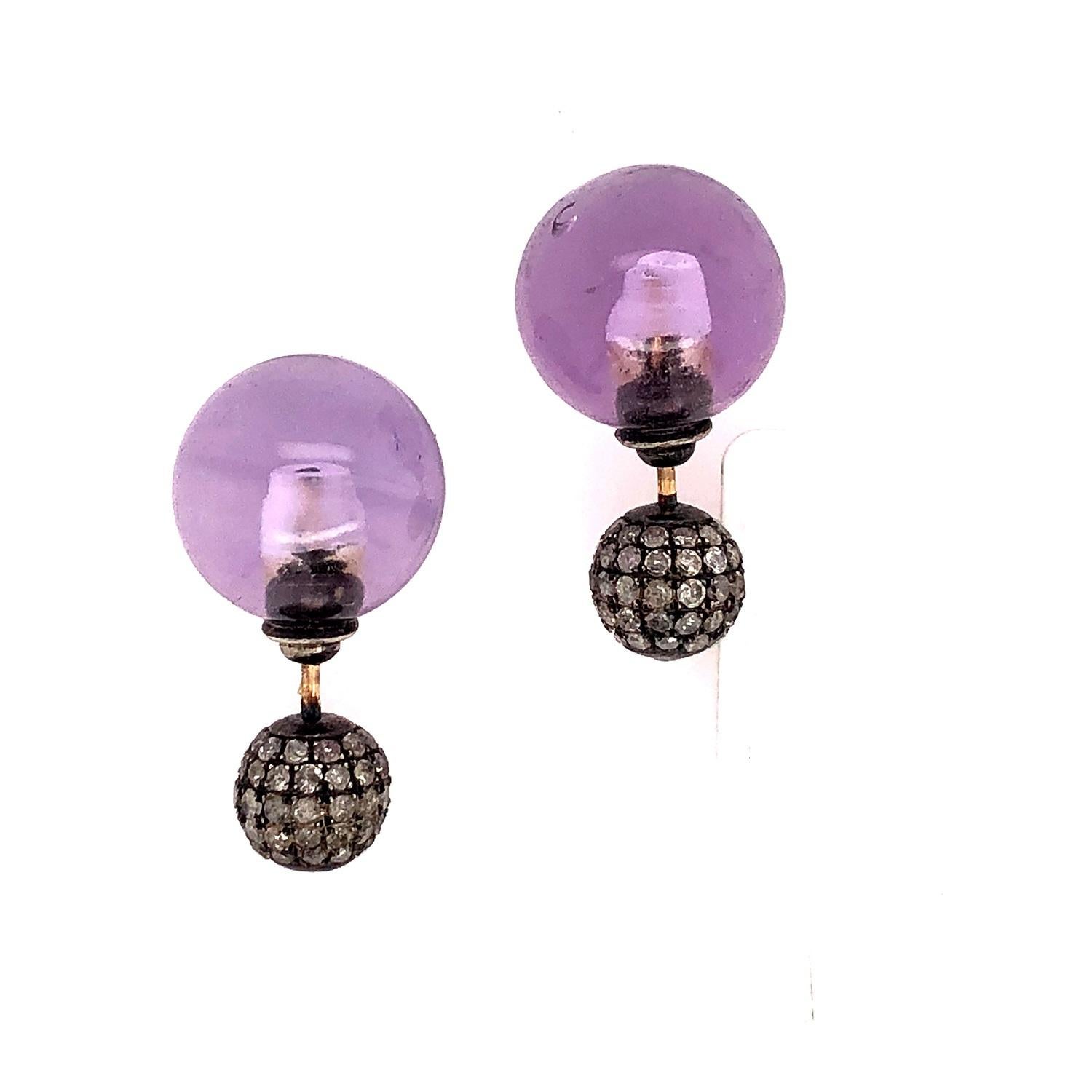 Artisan Amethyst & Pave Diamond Ball Tunnel Earrings Made in 14k Gold & Silver For Sale