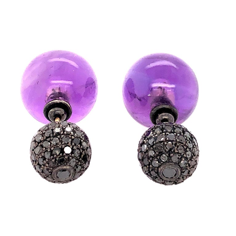 Amethyst and Pave Diamond Ball Tunnel Earrings Made in 14k Gold and
